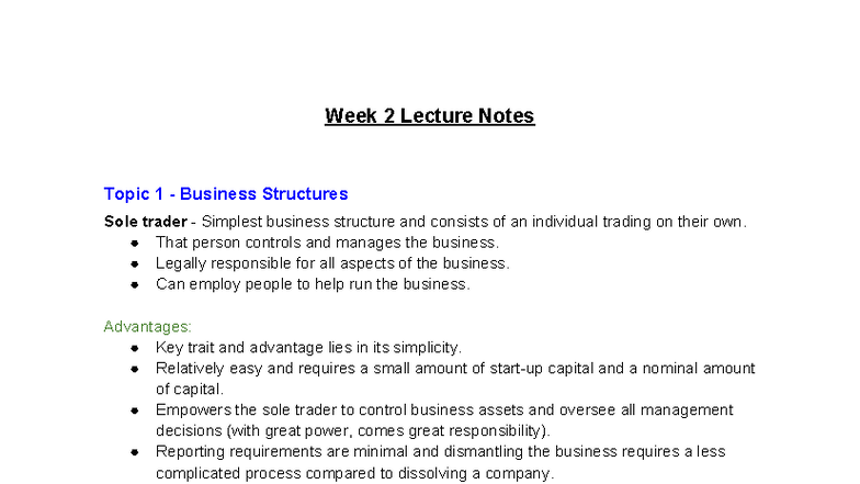Week 2 Lecture Notes: Business Structures Overview - Studocu