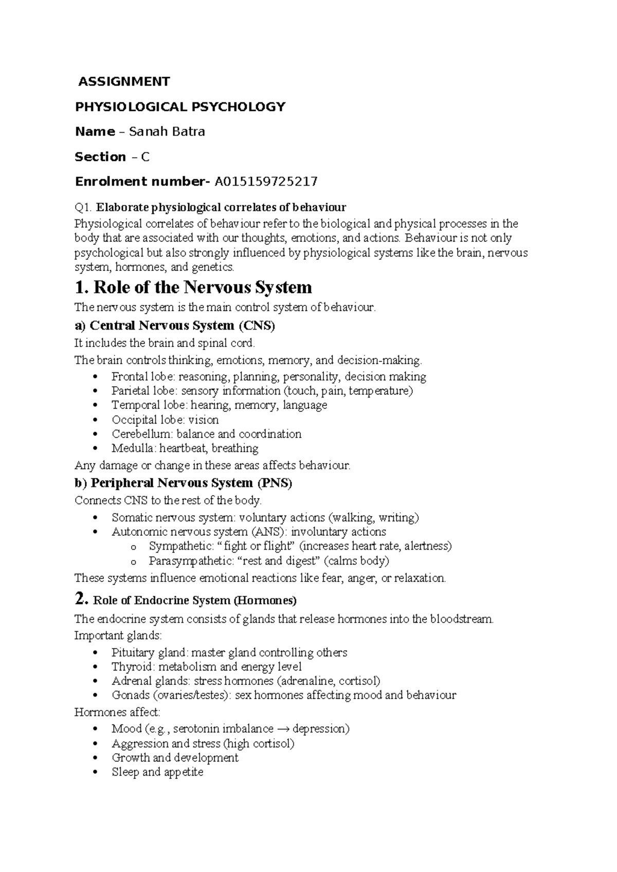 PHYSIOLOGICAL PSYCHOLOGY LECTURE NOTES - ASSIGNMENT A015159725217 - Studocu