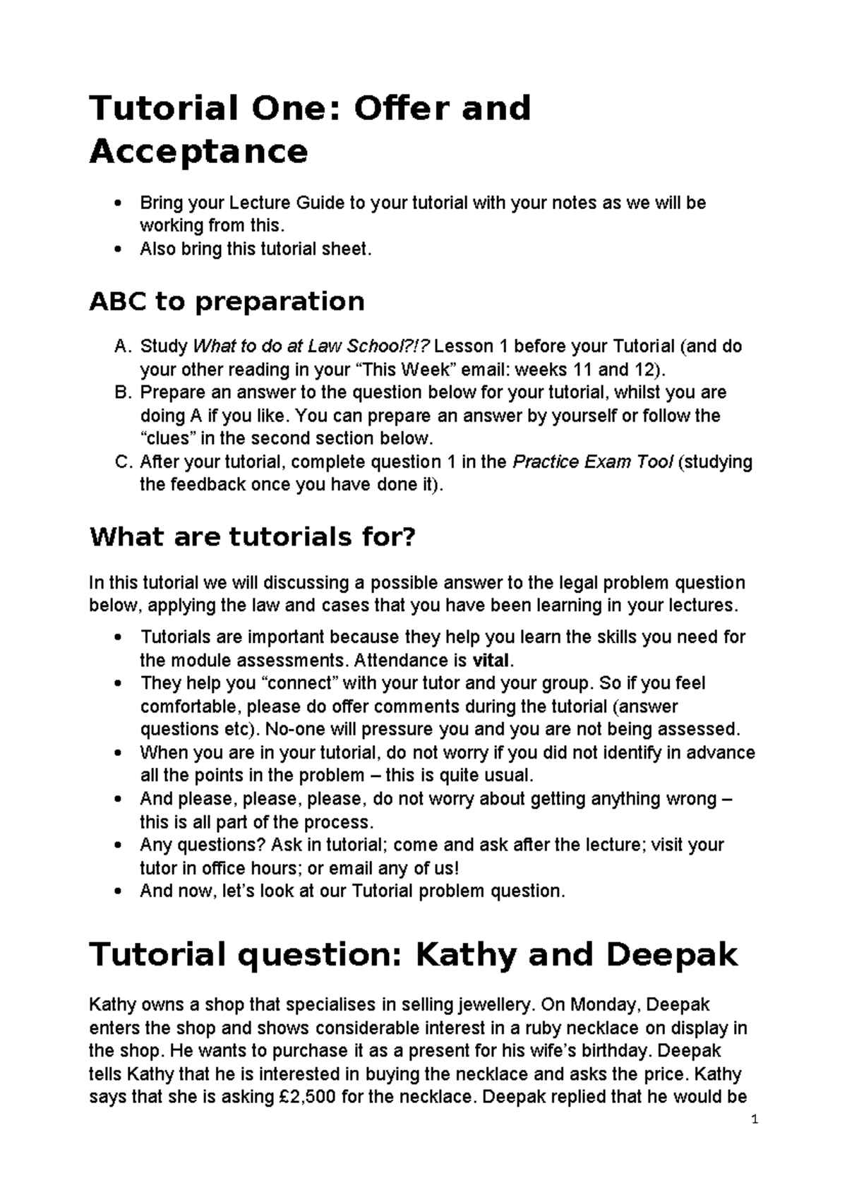 Contract Tutorial 1 Offer and Acceptance - Tutorial One: Offer and ...