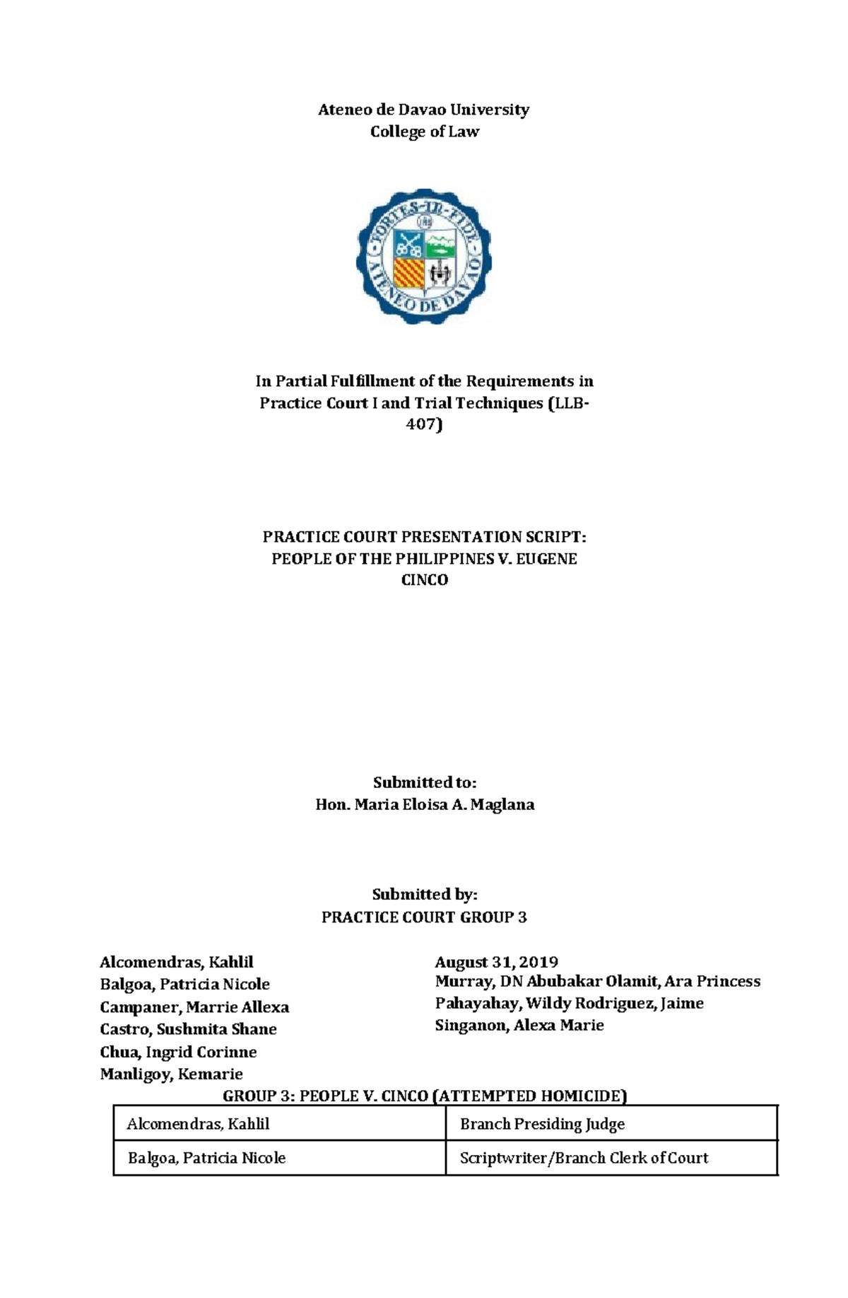 Mock Trial Script: Pre-Trial and Arraignment (LLB-407) - People v ...