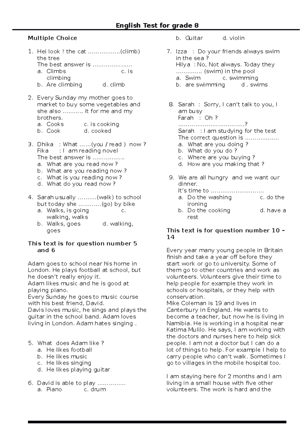 SOAL 2: English Multiple Choice Test for Grade 8 - Studocu