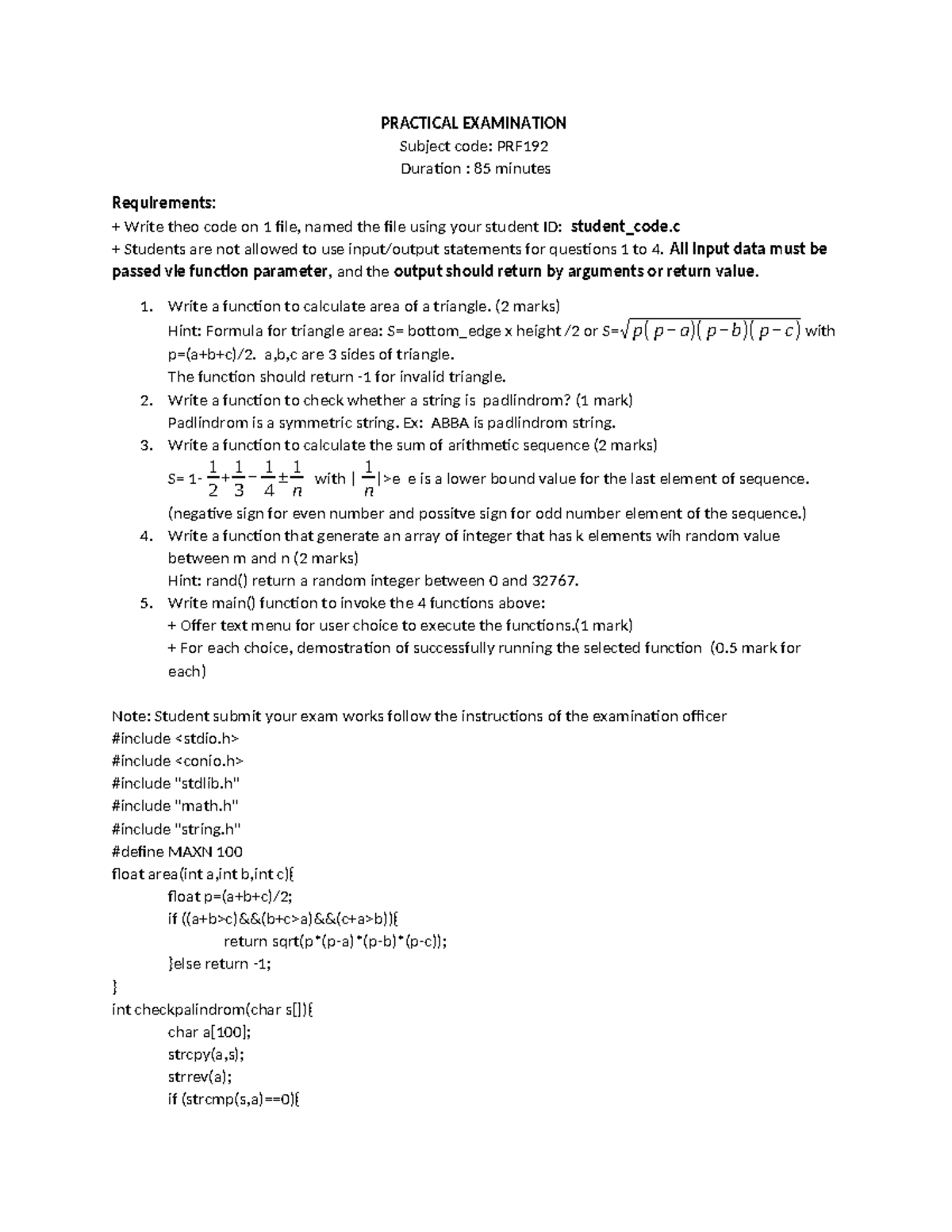 PRF192 Practical Exam: Functions for Geometry & Strings Coding - Studocu
