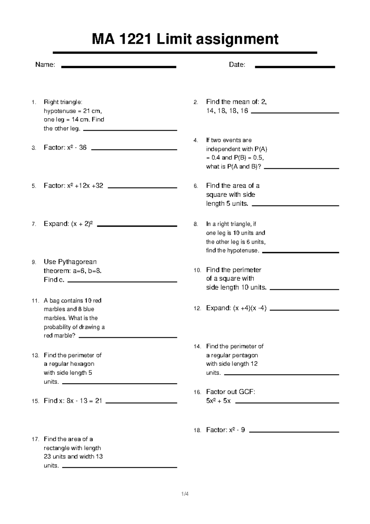 MA 1221 Limit Assignment: Problem Set and Solutions - Studocu