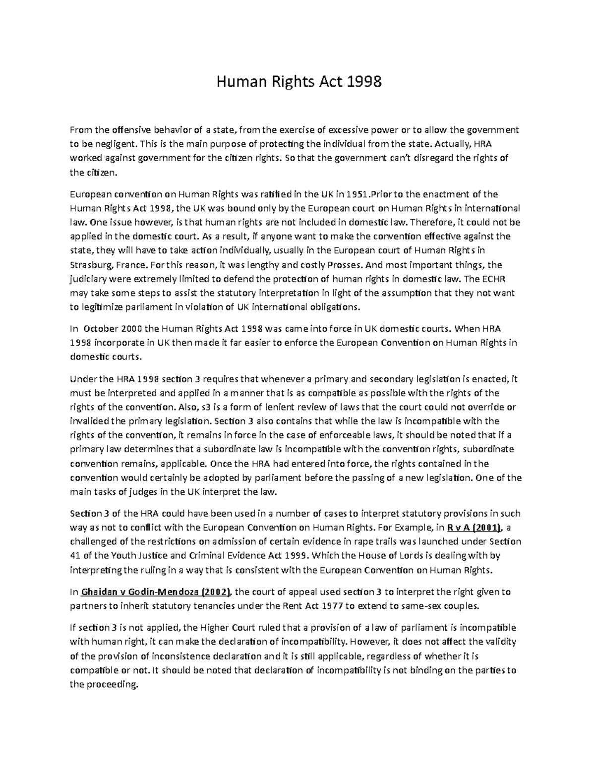 Human Rights Act 1998 - Grade: A essay - Human Rights Act 1998 From the ...