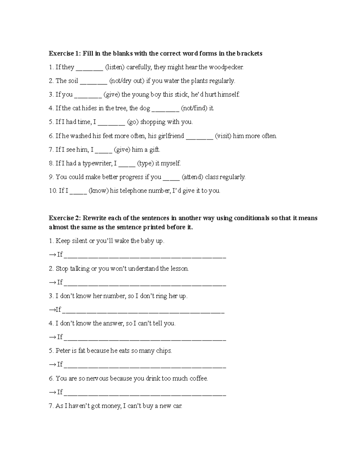 Conditional Sentences Practice: Type 1 & 2 Exercises - Studocu