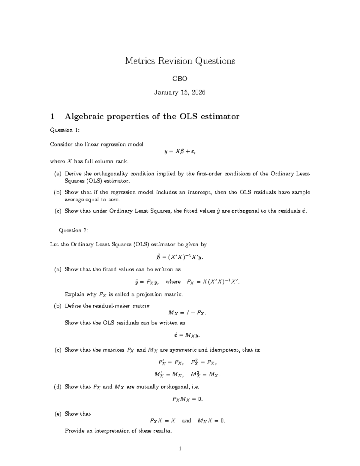 Econometrics Practice Questions: Metrics Revision CBO 2026 - Studocu