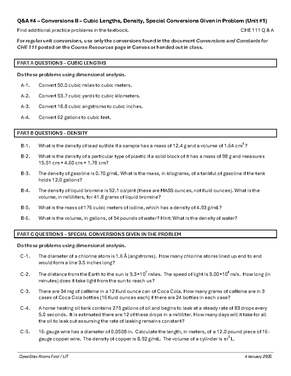 CHE 111 Q&A #4 – Conversions II – Cubic Lengths & Density - Studocu