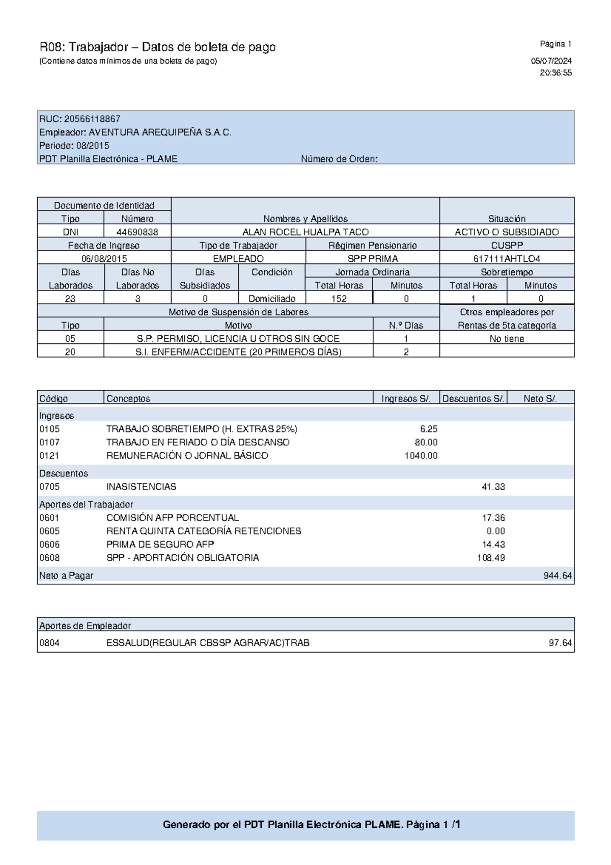 Ejemplos de Planilla Electrónica PLAME - DATOS DE BOLETA DE PAGO - Studocu