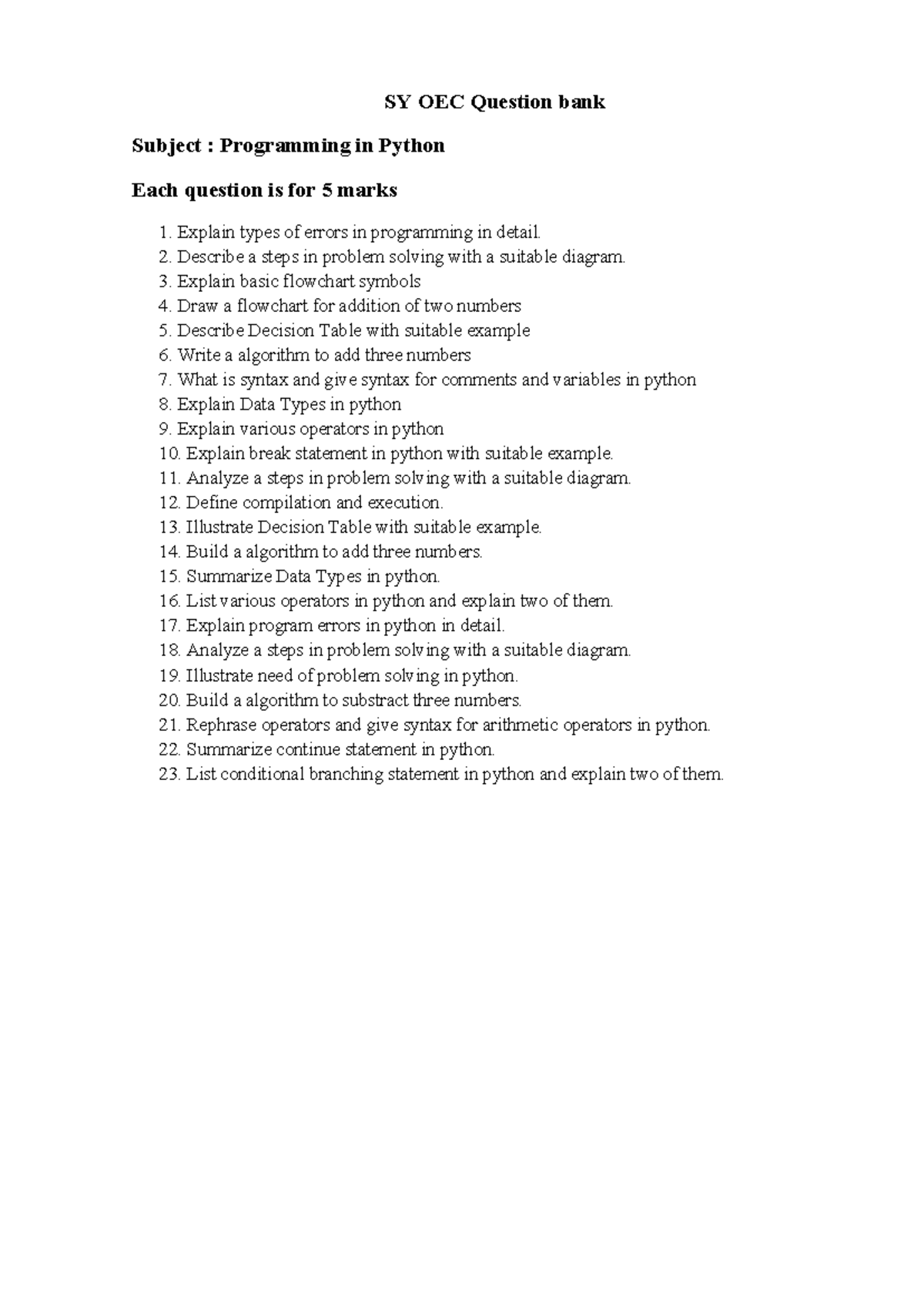 SY OEC Question Bank: Programming in Python - Key Concepts & Errors ...