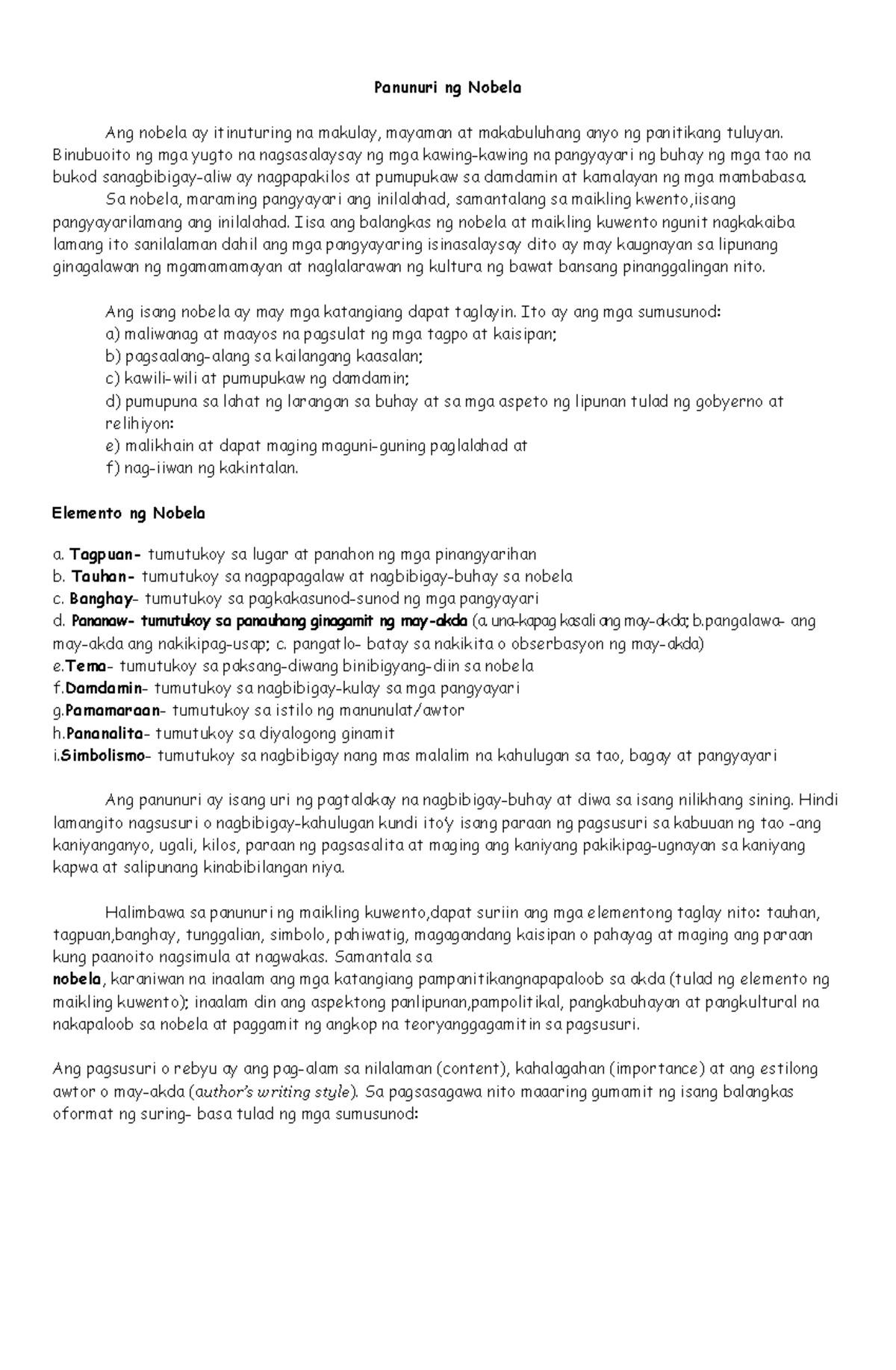 Panunuri ng Nobela - Lecture Notes on Literary Analysis - Studocu