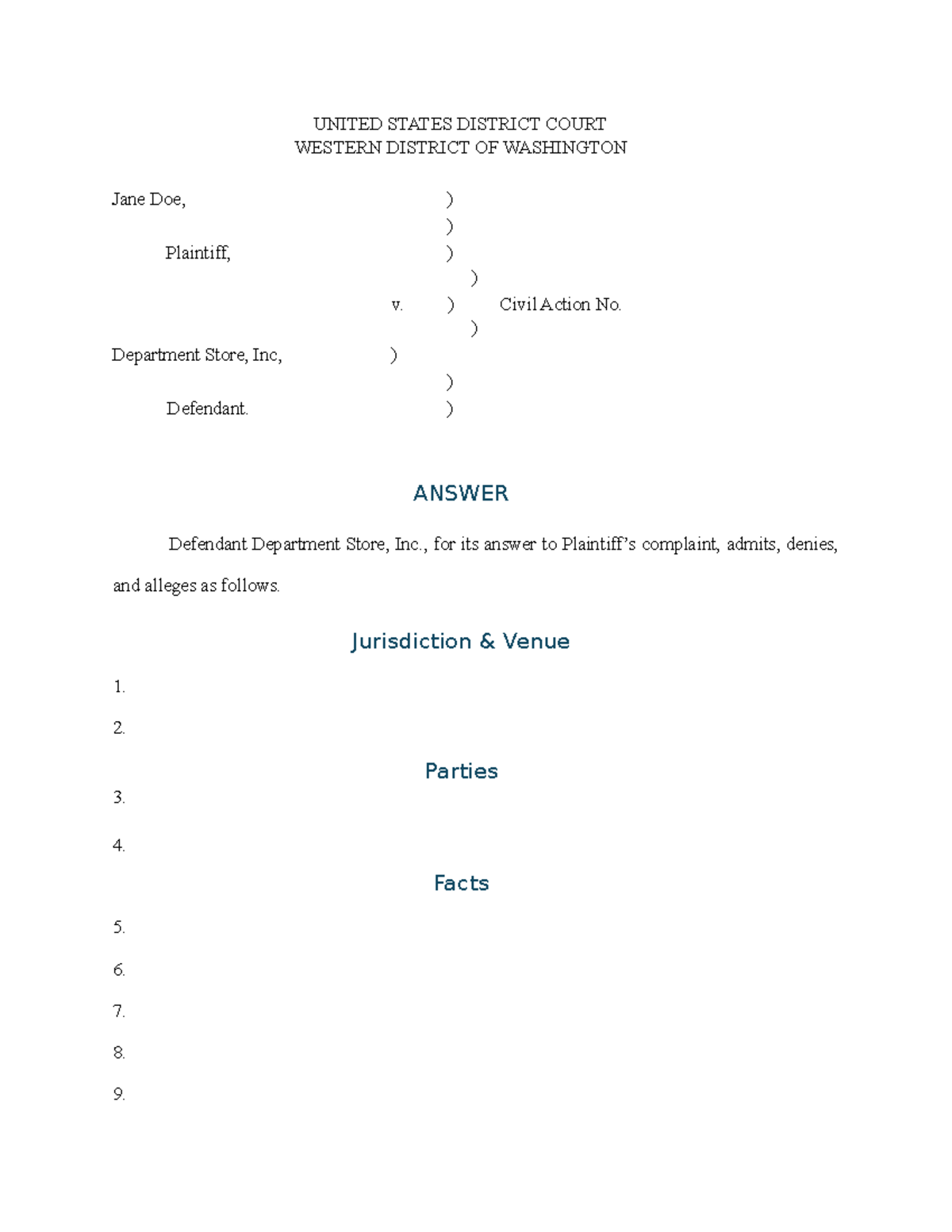 Civil Action Answer Template - Notes for Case Study - Studocu