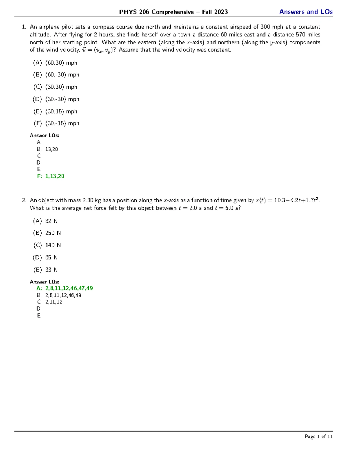 PHYS 206 Comprehensive Fall 2024 Answer Key and Points - Studocu