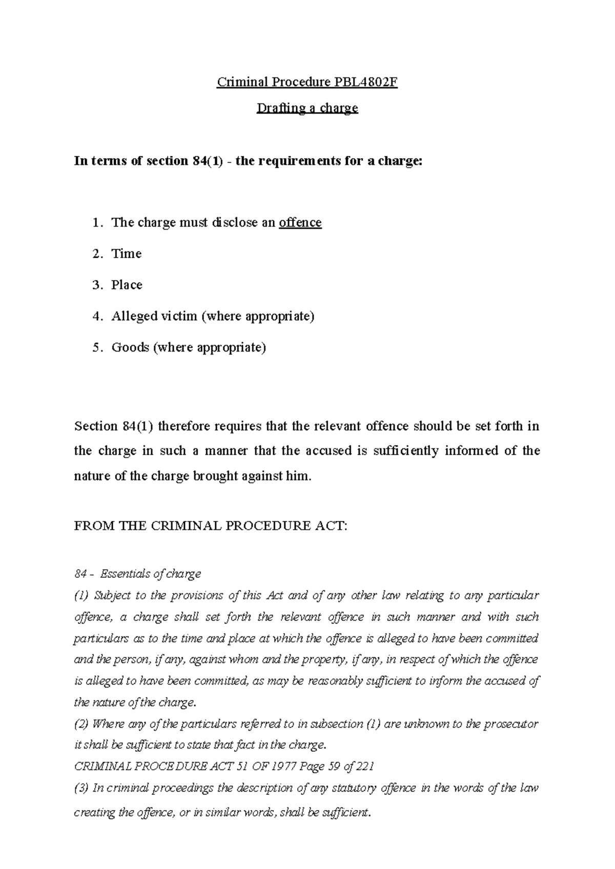 Drafting Essentials for Charges in Criminal Procedure (PBL4802F) - Studocu