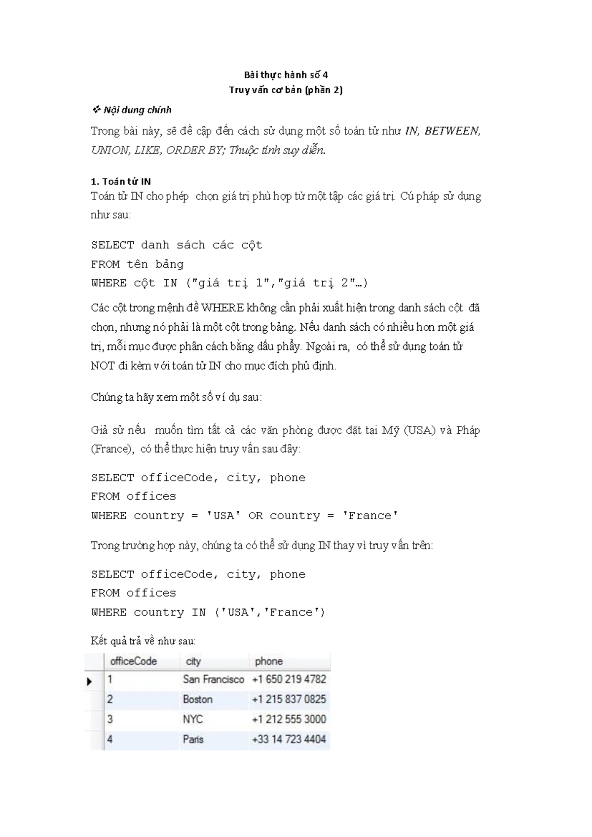 Thực Hành SQL: Toán Tử IN, BETWEEN, LIKE & Thuộc Tính Suy Diễn - Studocu