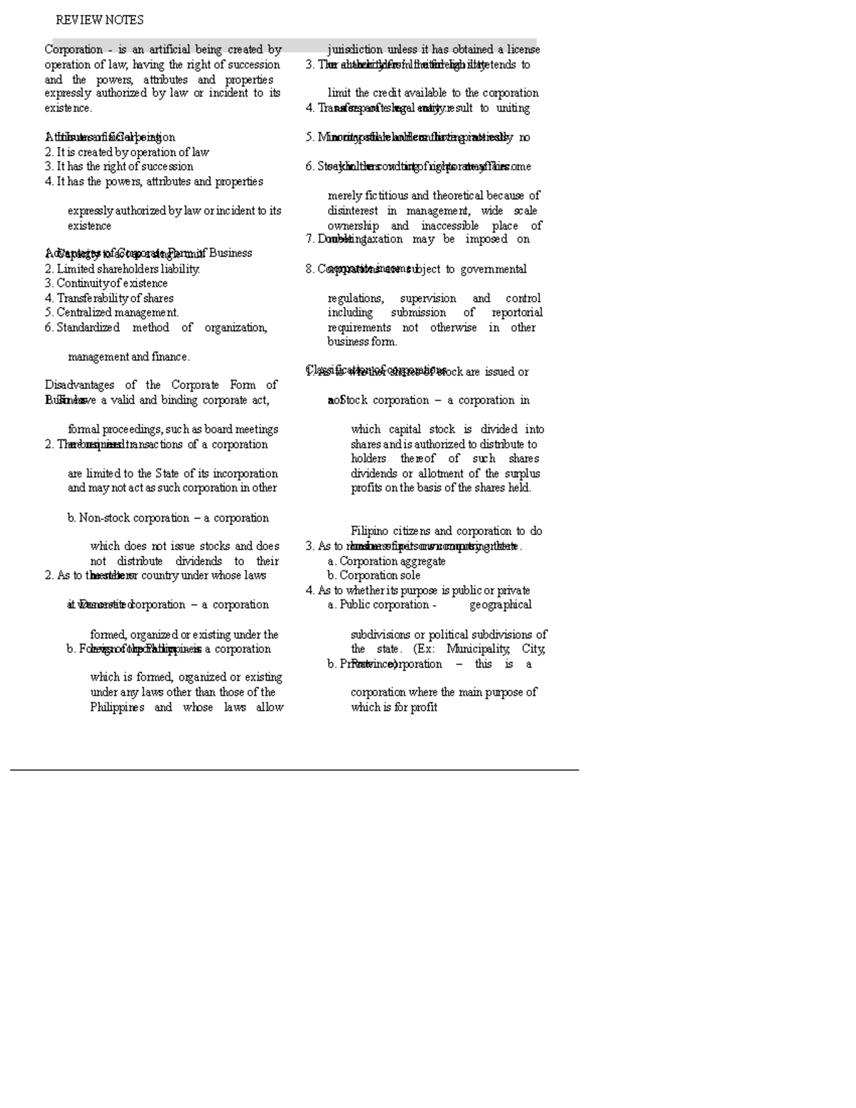 REVIEW NOTES: Corporate Structure and Attributes (Course Code: DLSU 101 ...