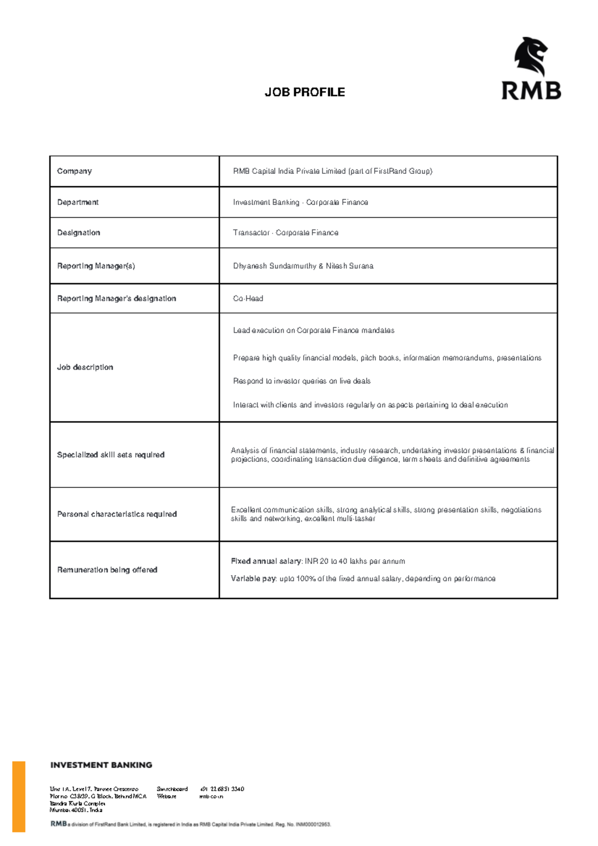 RMB India - Transactor Corporate Finance profile descriptionbaw bas ...