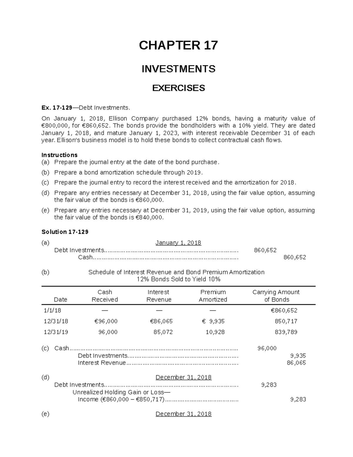Chapter 17 Exercises on Investments and Equity Method Accounting - Studocu