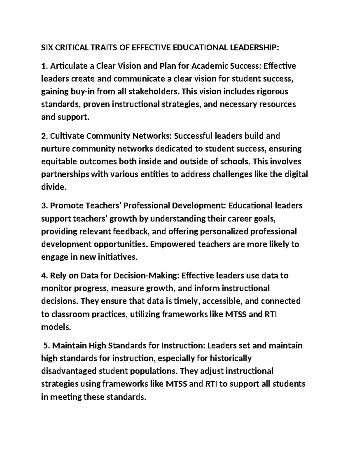 SIX Key Traits of Effective Educational Leadership Strategies - Studocu