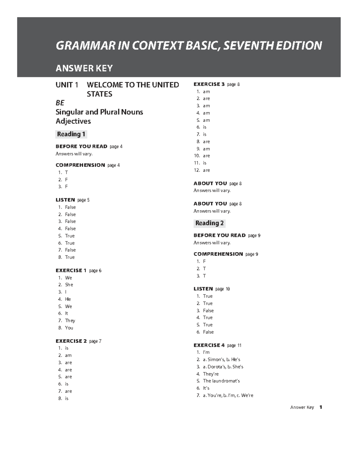 Grammar in Context 7e L0 Answer Key for All Units - Studocu