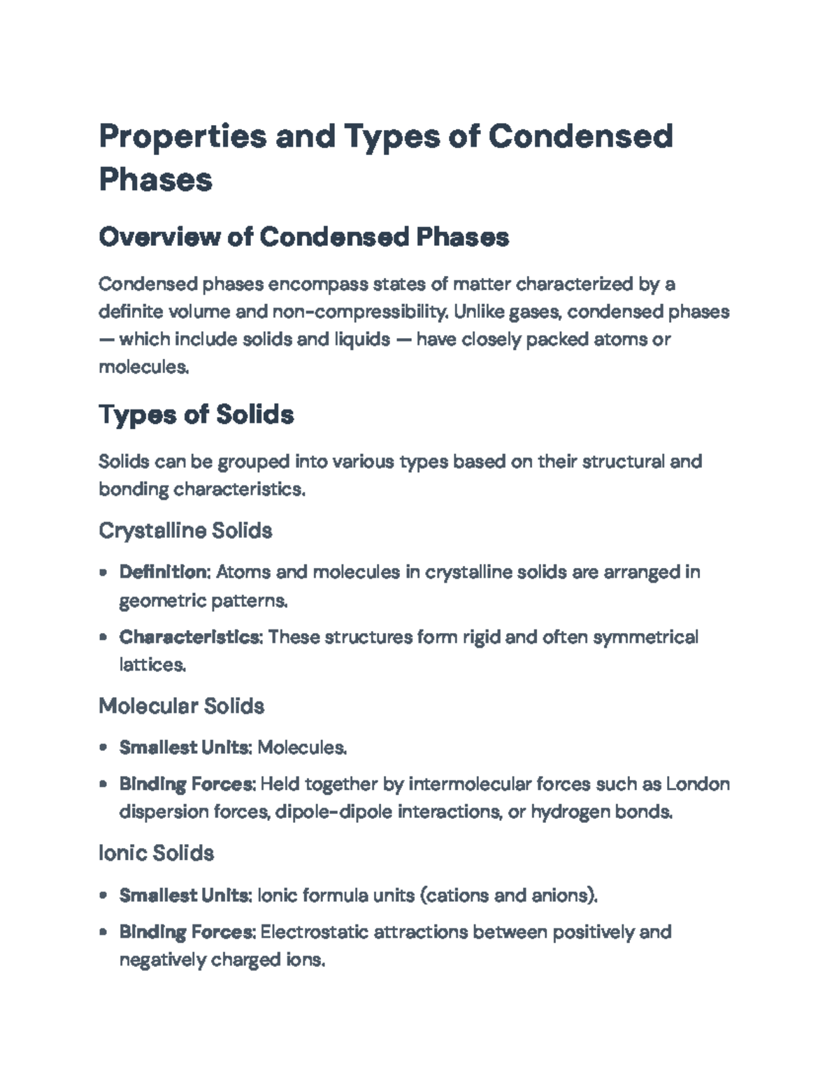 Properties and Types of Condensed Phases: Overview and Characteristics ...