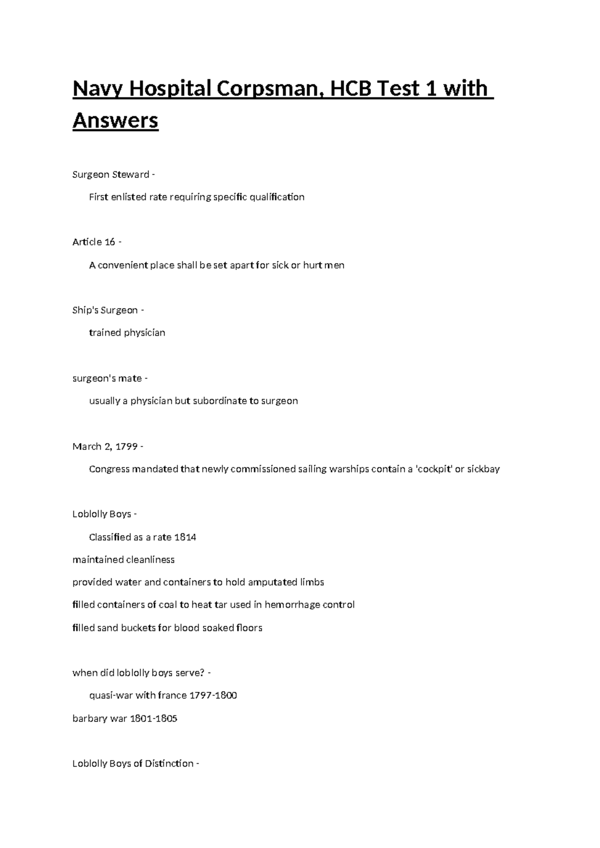 Navy Hospital Corpsman HCB Test 1 Answers & Study Guide - Studocu
