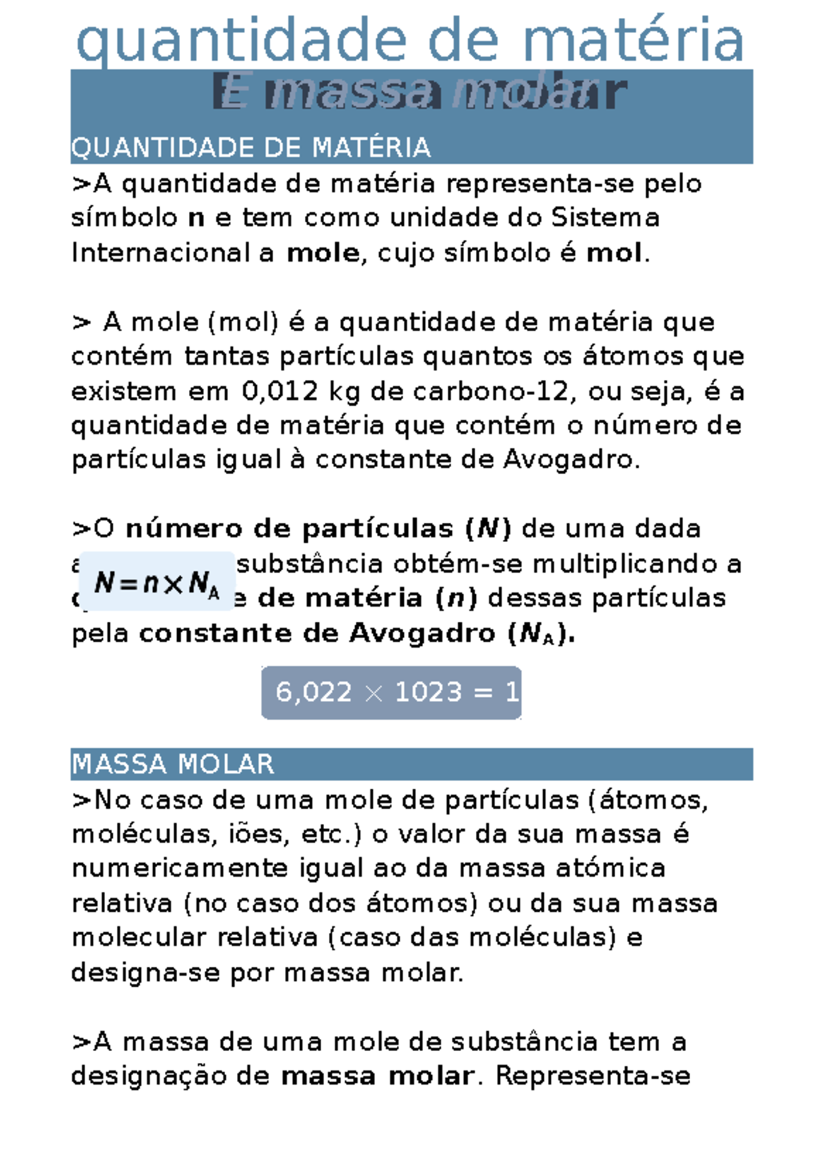 Quantidade de Matéria: Resumo para 10º Ano em Química - Studocu