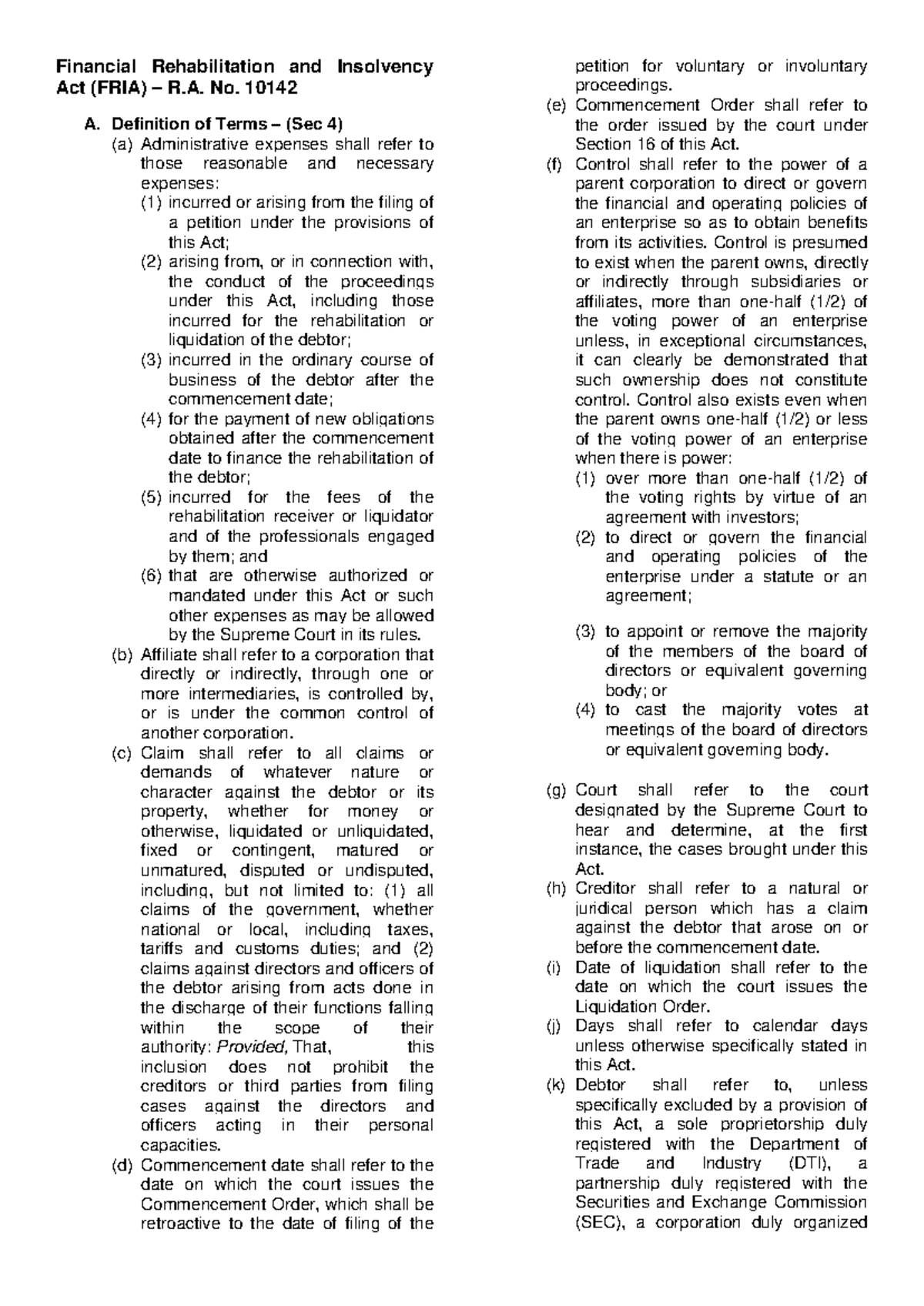 FRIA - Lecture notes on financial rehabilitation and insolvency ...