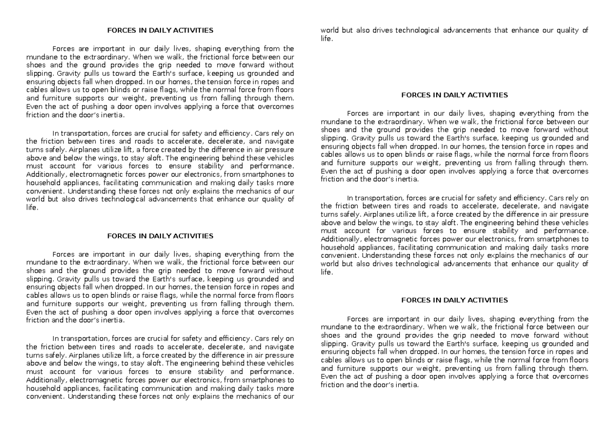 Forces IN Daily Activities - FORCES IN DAILY ACTIVITIES Forces are ...