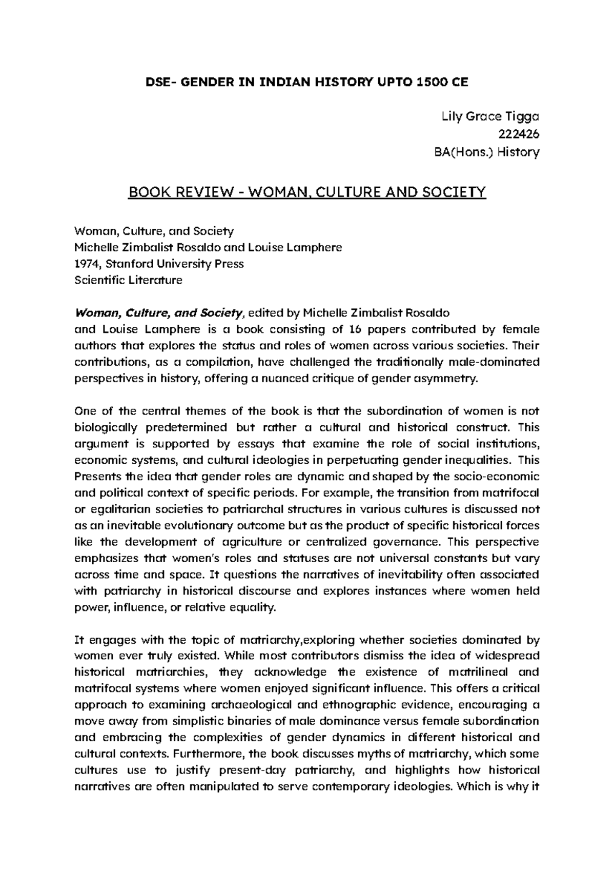 woman, culture and society review - DSE- GENDER IN INDIAN HISTORY UPTO ...
