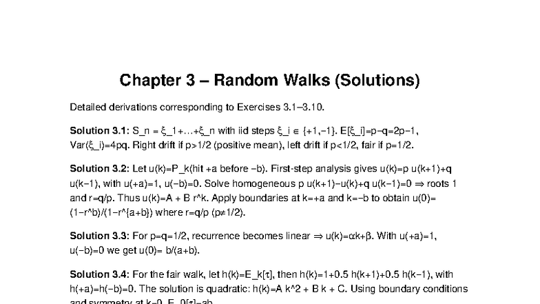 MH3512 Chapter 3 Random Walks Solutions and Derivations - Studocu