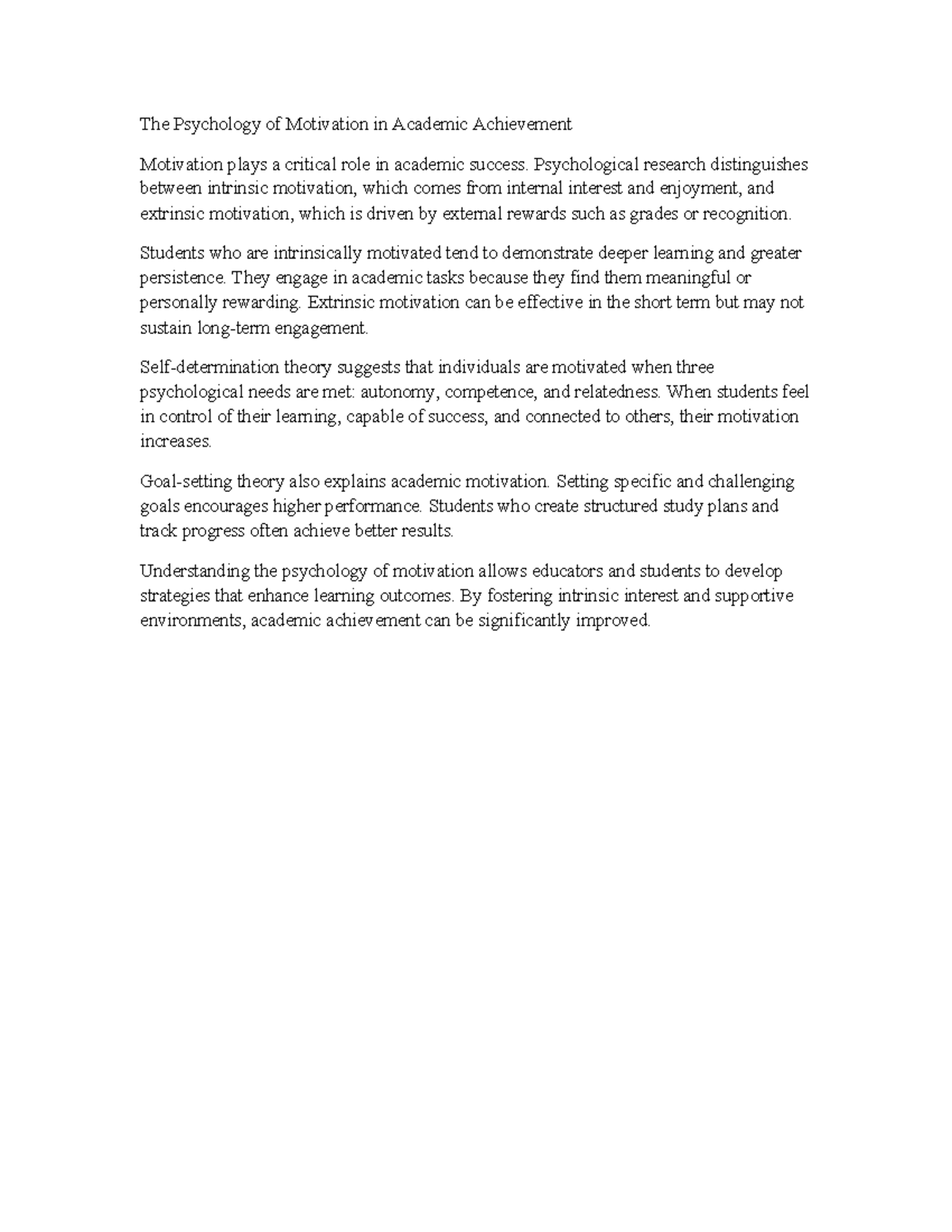 Psychology of Motivation in Academic Achievement - Doc 13 - Studocu