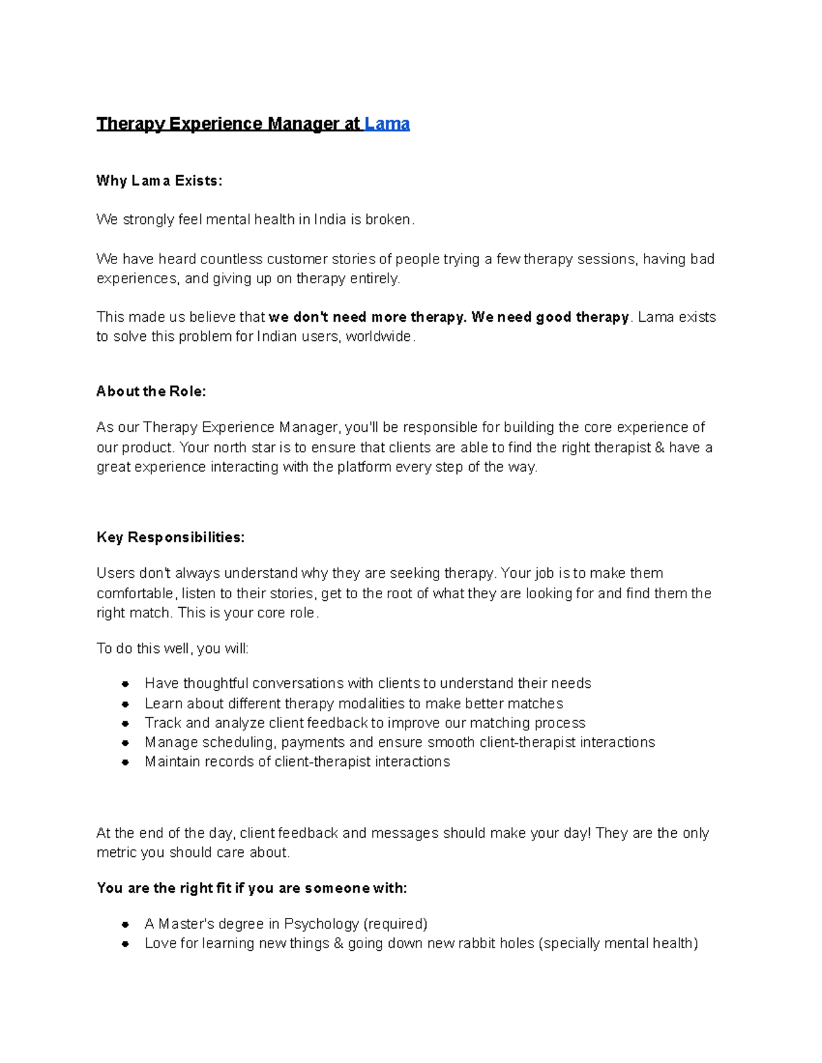 Lama TEM JD - Therapy Experience Manager Role Overview - Studocu