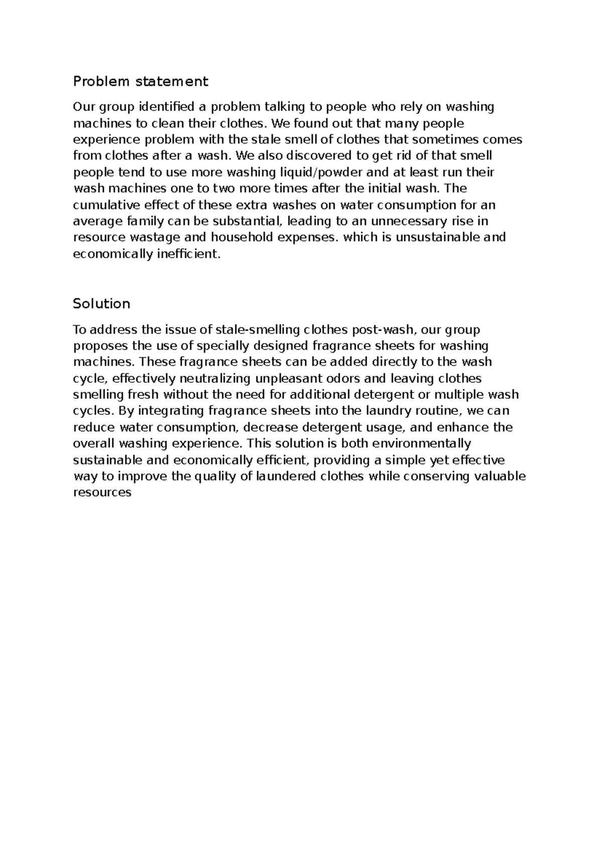 Fragrance sheets for washin machines - Problem statement Our group ...