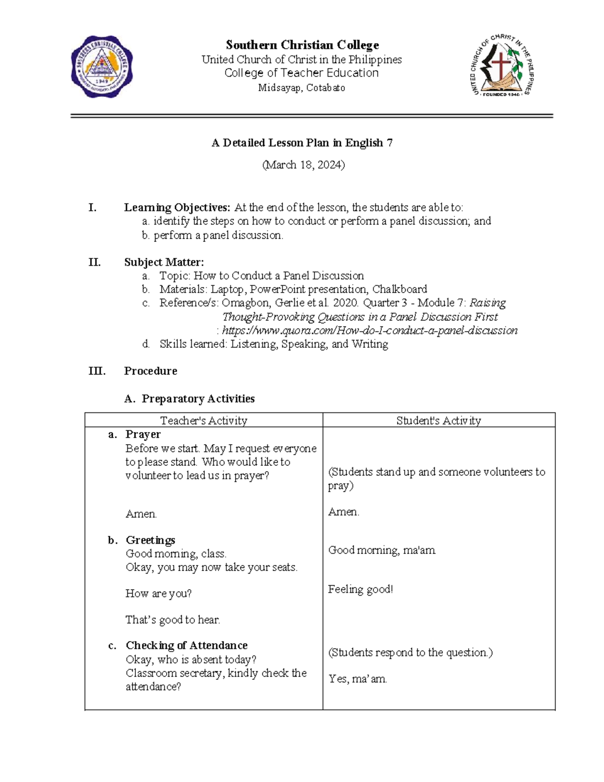 Detailed Lesson Plan: Conducting a Panel Discussion (Eng 7) - Studocu