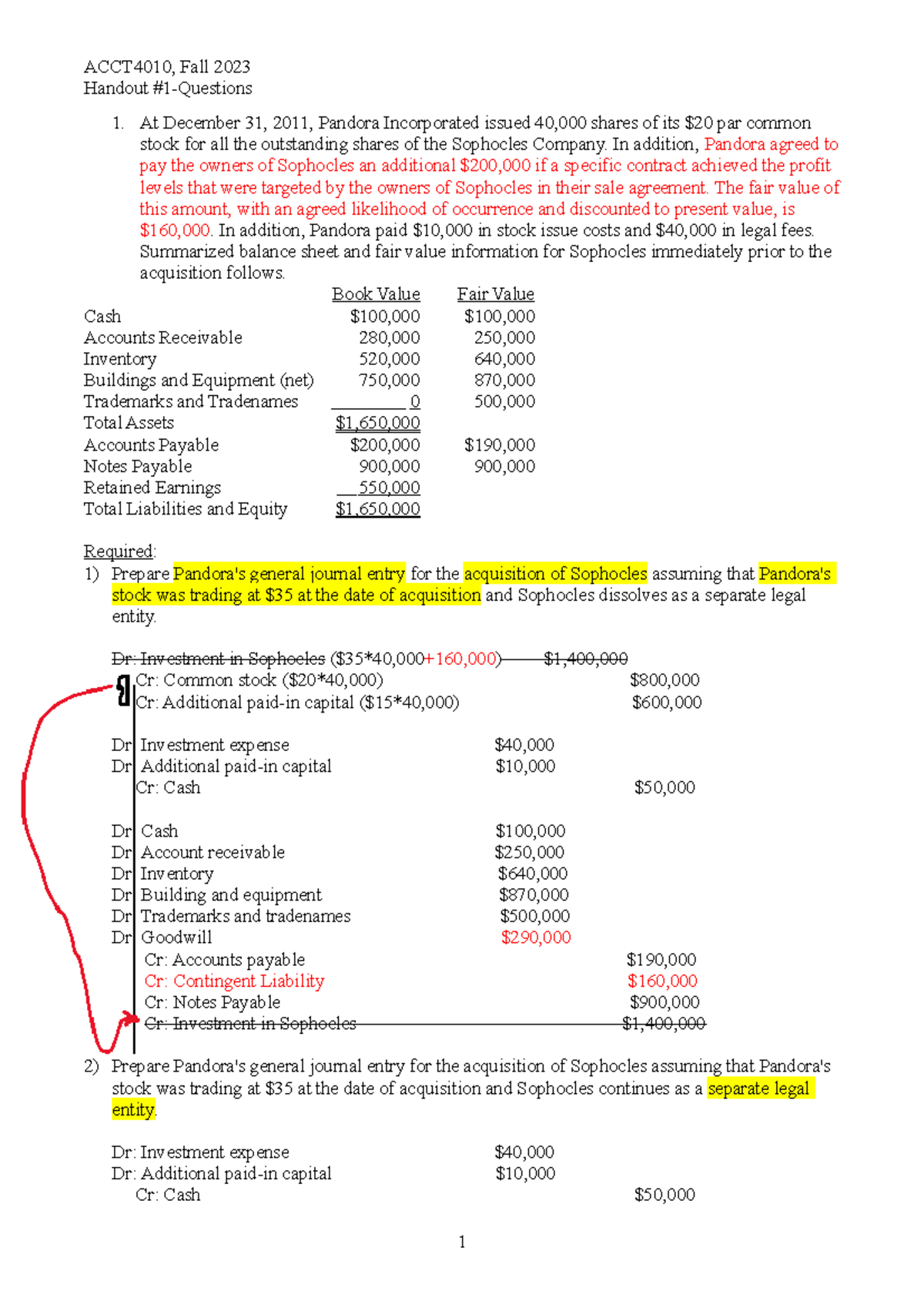 Ch1 - Acquisition Accounting Journal Entries for Pandora Inc. - Studocu