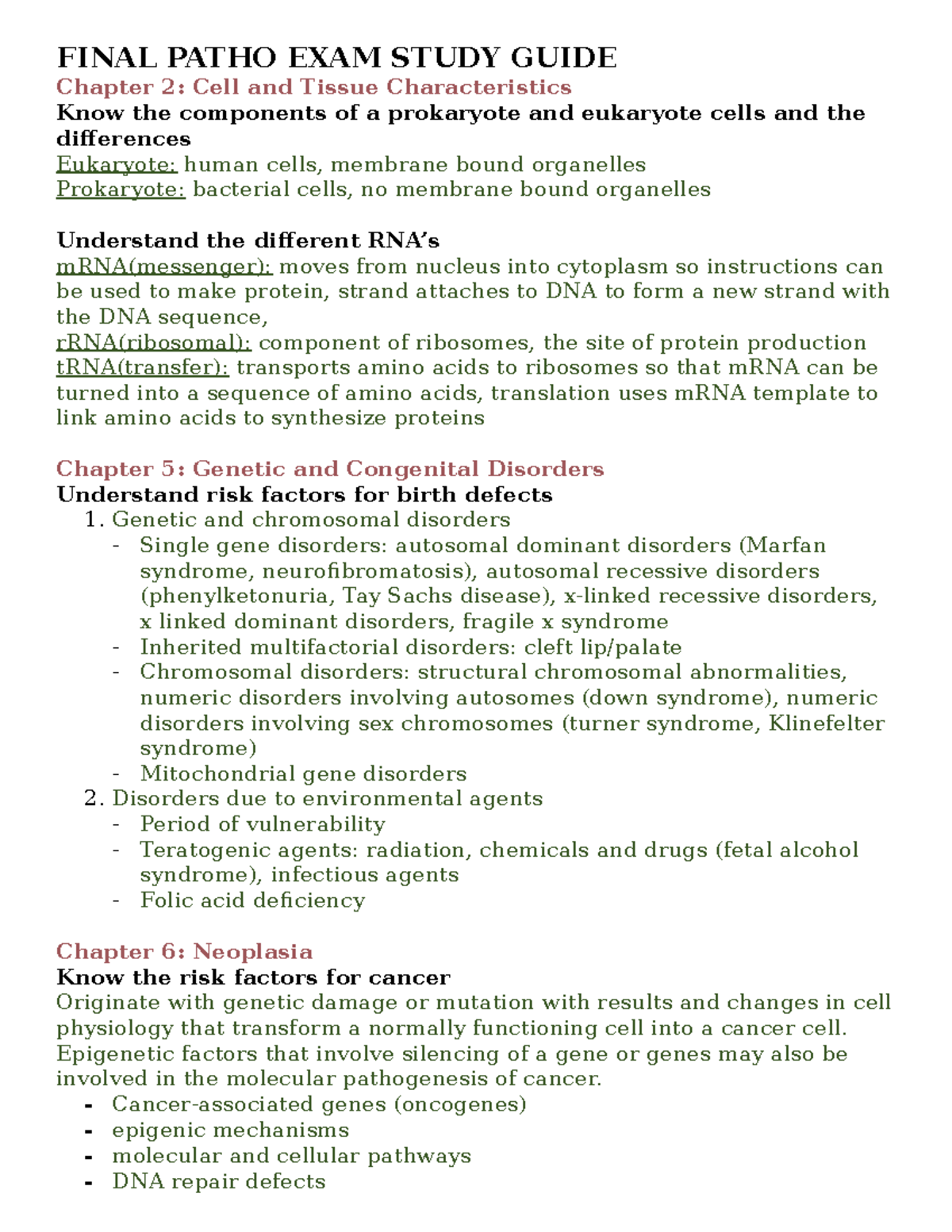Final Exam Pathophysiology (Patho) Study Guide Overview - Studocu