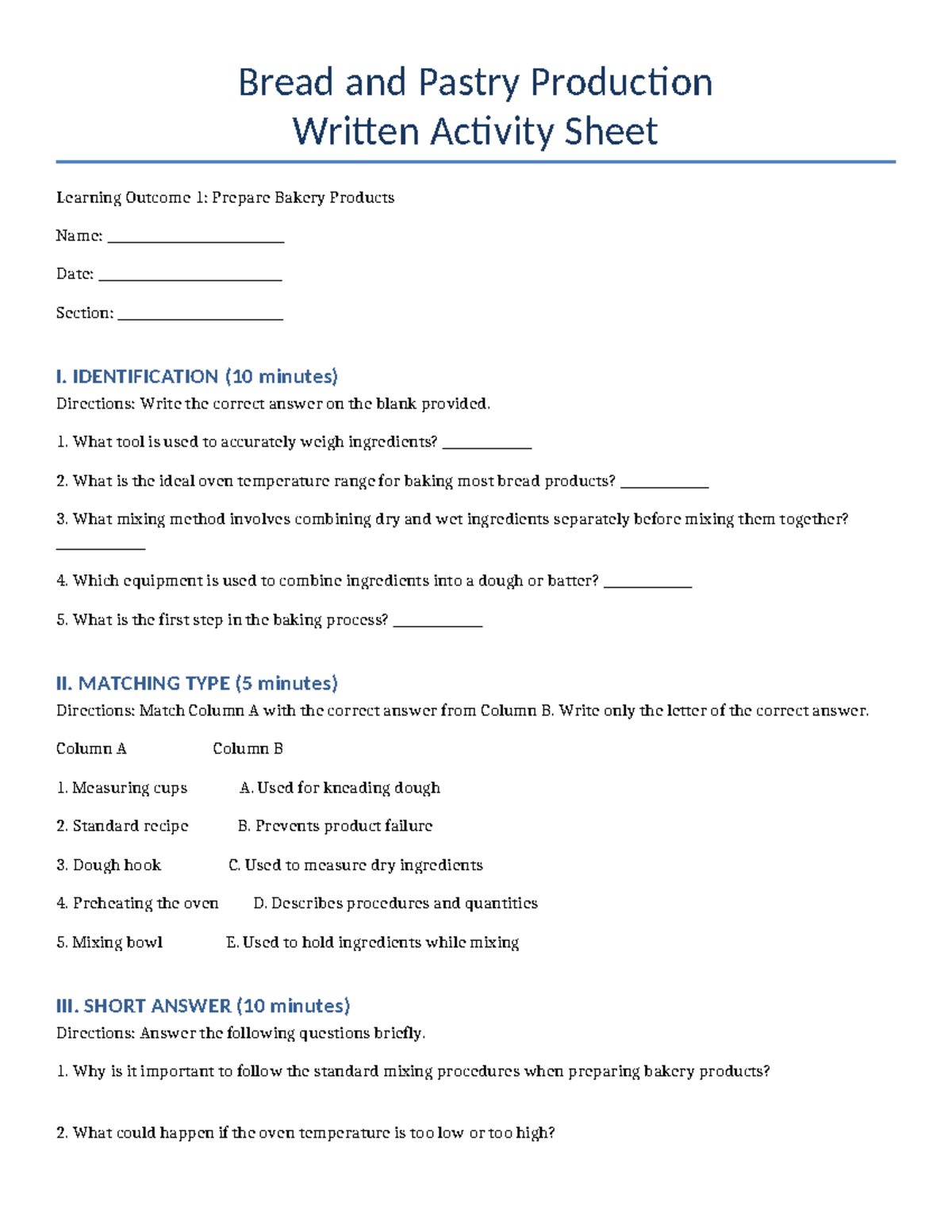 Bakery Activity Sheet LO1: Bread & Pastry Production Guide - Studocu