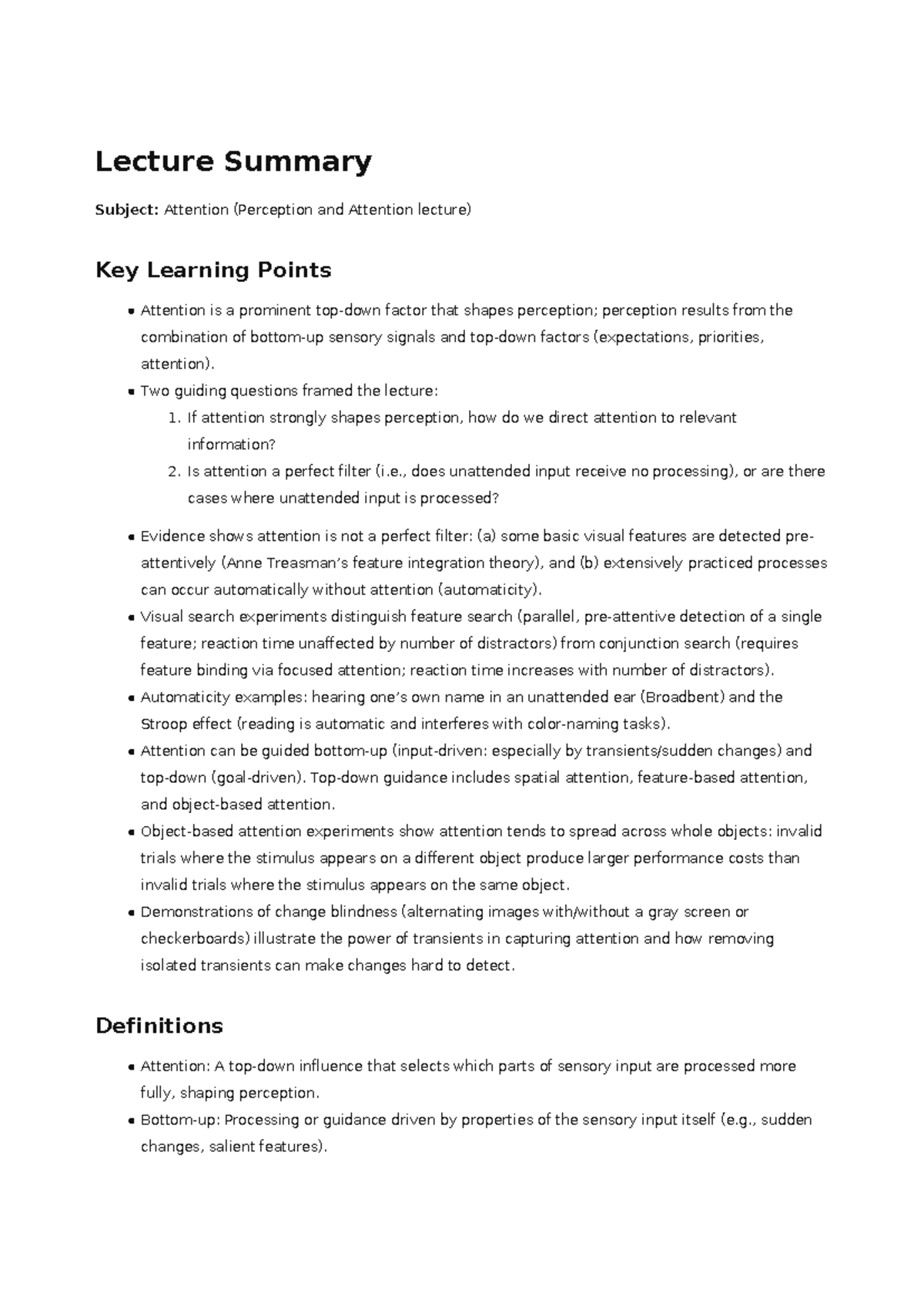 Lecture Summary: Attention in Perception - Studocu