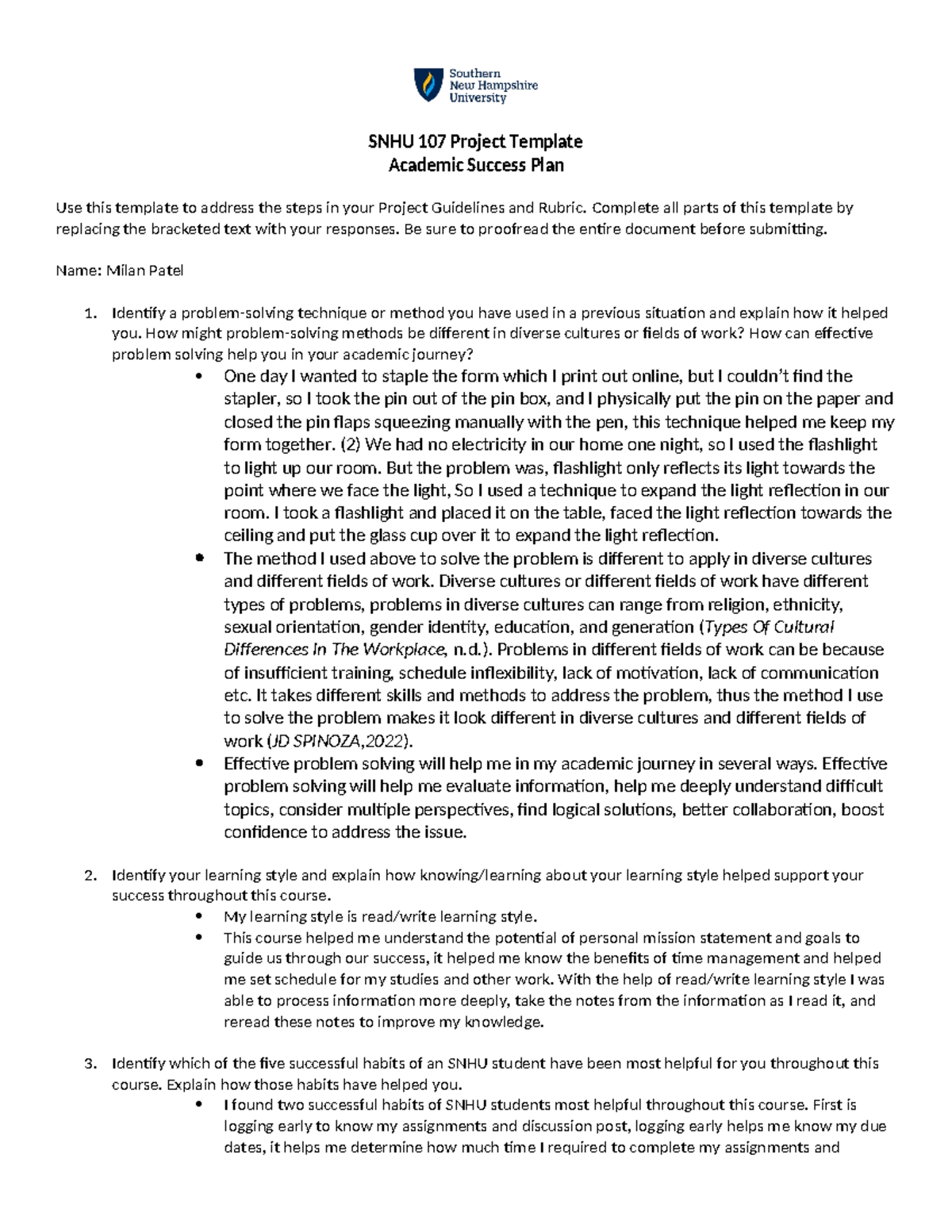 SNHU 107 Project Template: Academic Success Planning Guide - Studocu