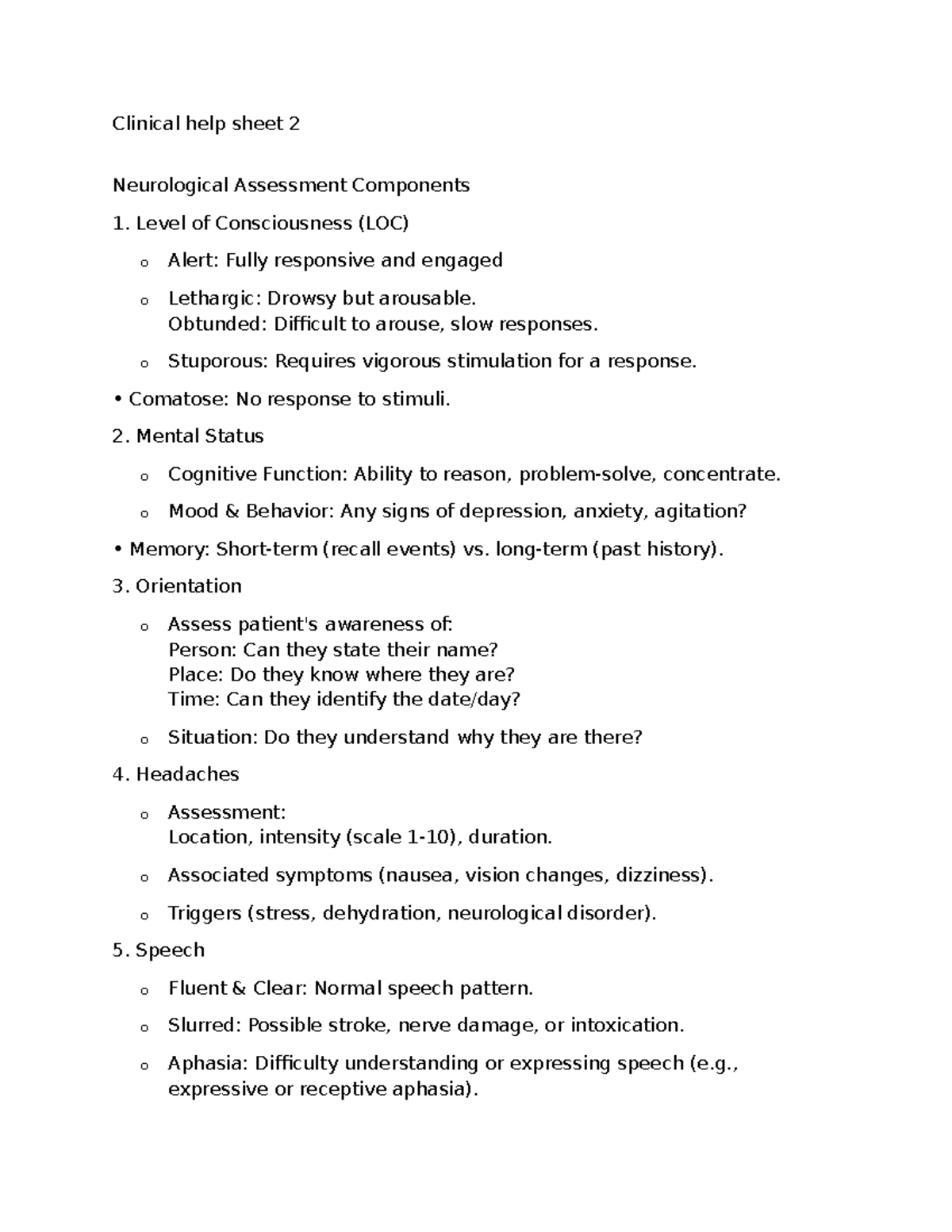 Clinical Help Sheet 2: Neurological Assessment Guide - Studocu