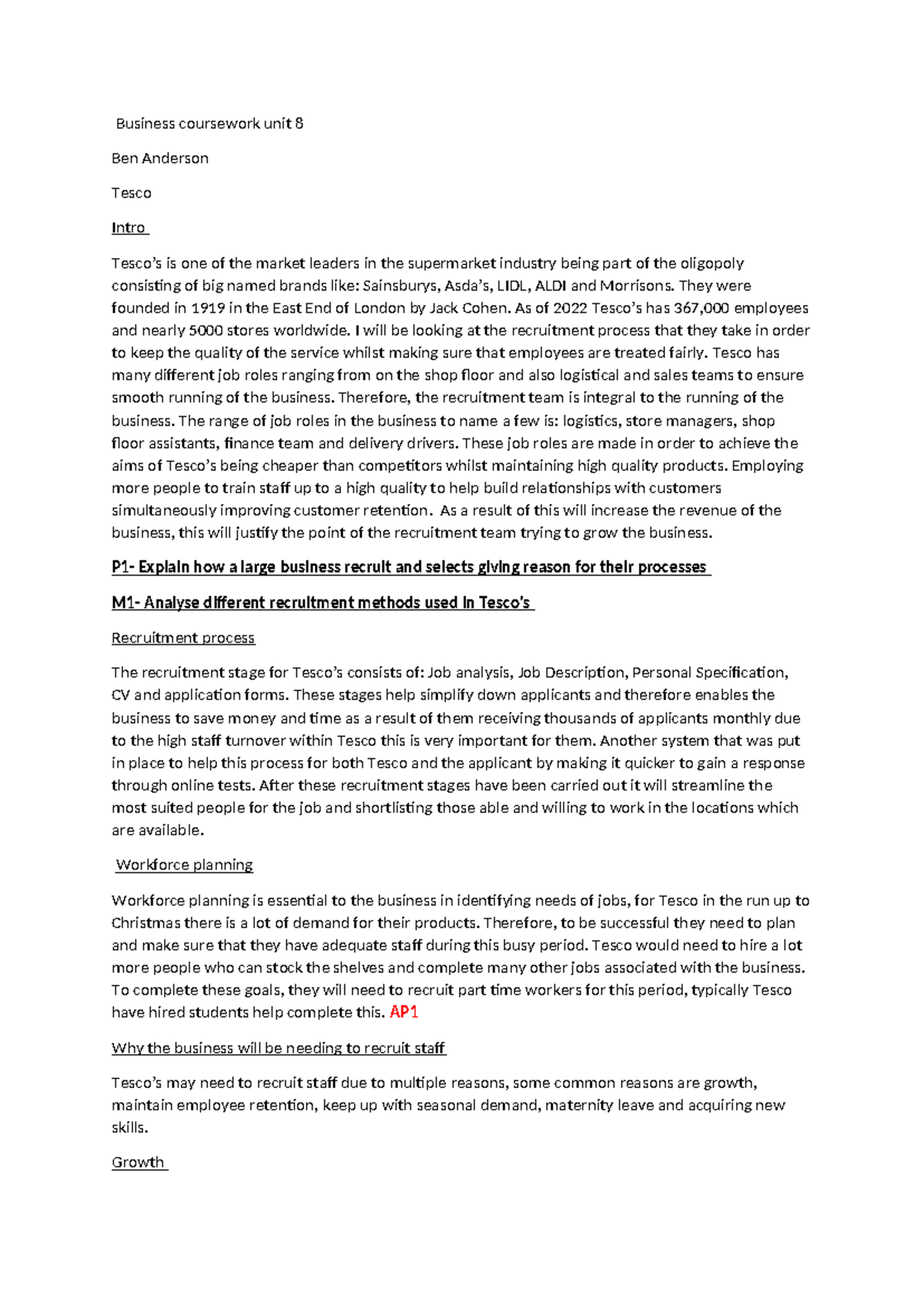 Unit 8 BTEC Business: Tesco Recruitment Process & Strategies Analysis ...