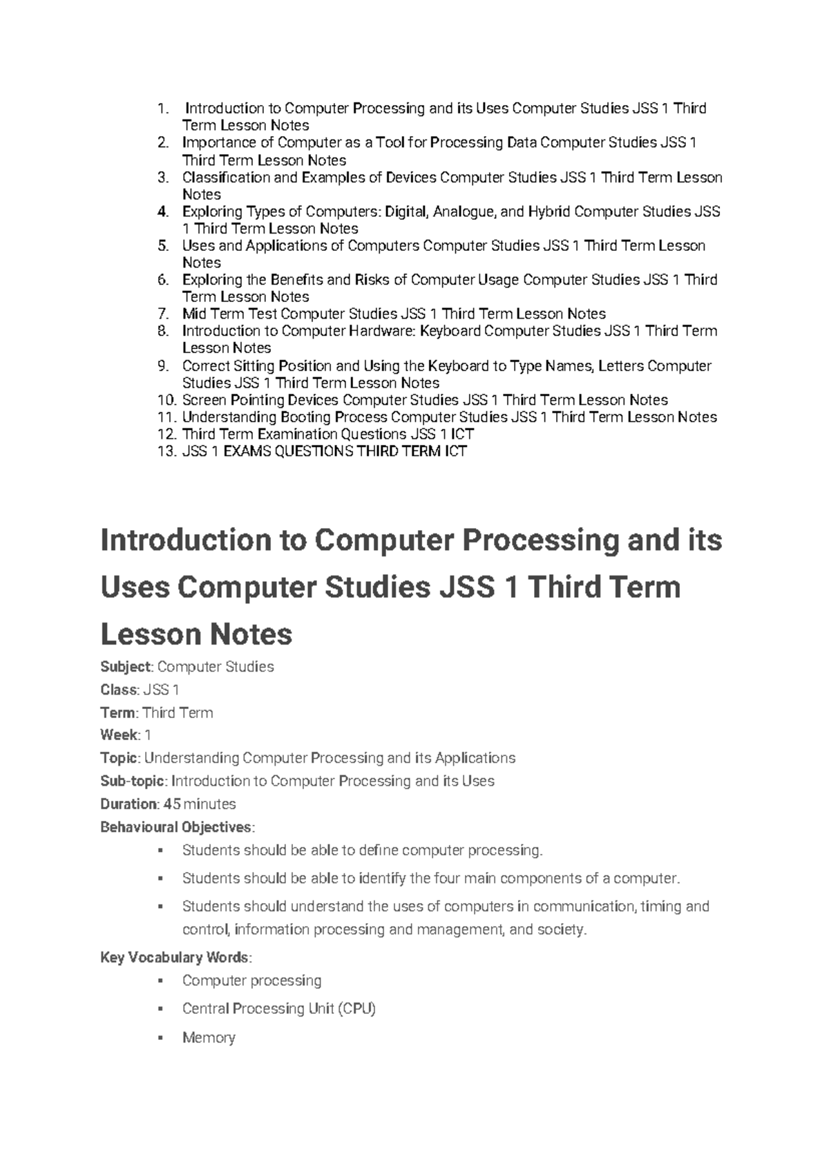 Computer Studies JSS 1 Third Term Lesson Notes: Understanding Computer ...