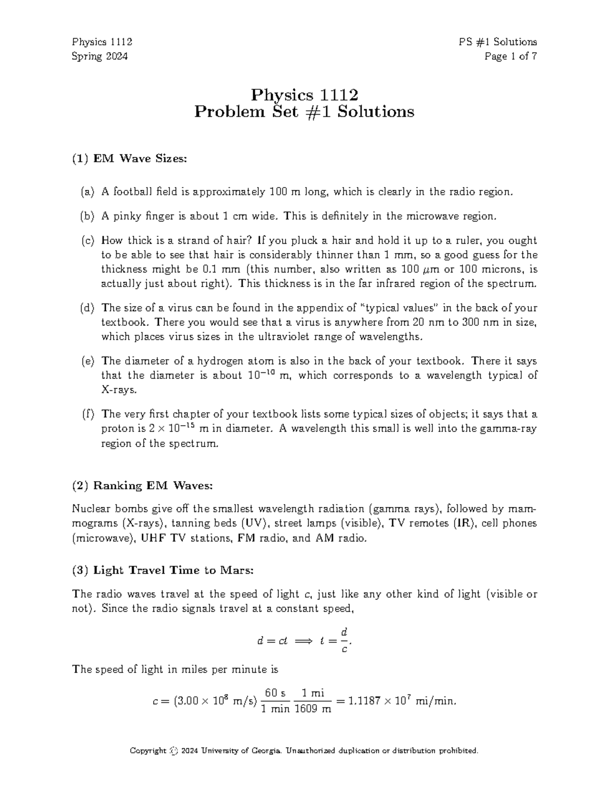 Physics 1112: Problem Set 1 Solutions - Spring 2024 - Studocu