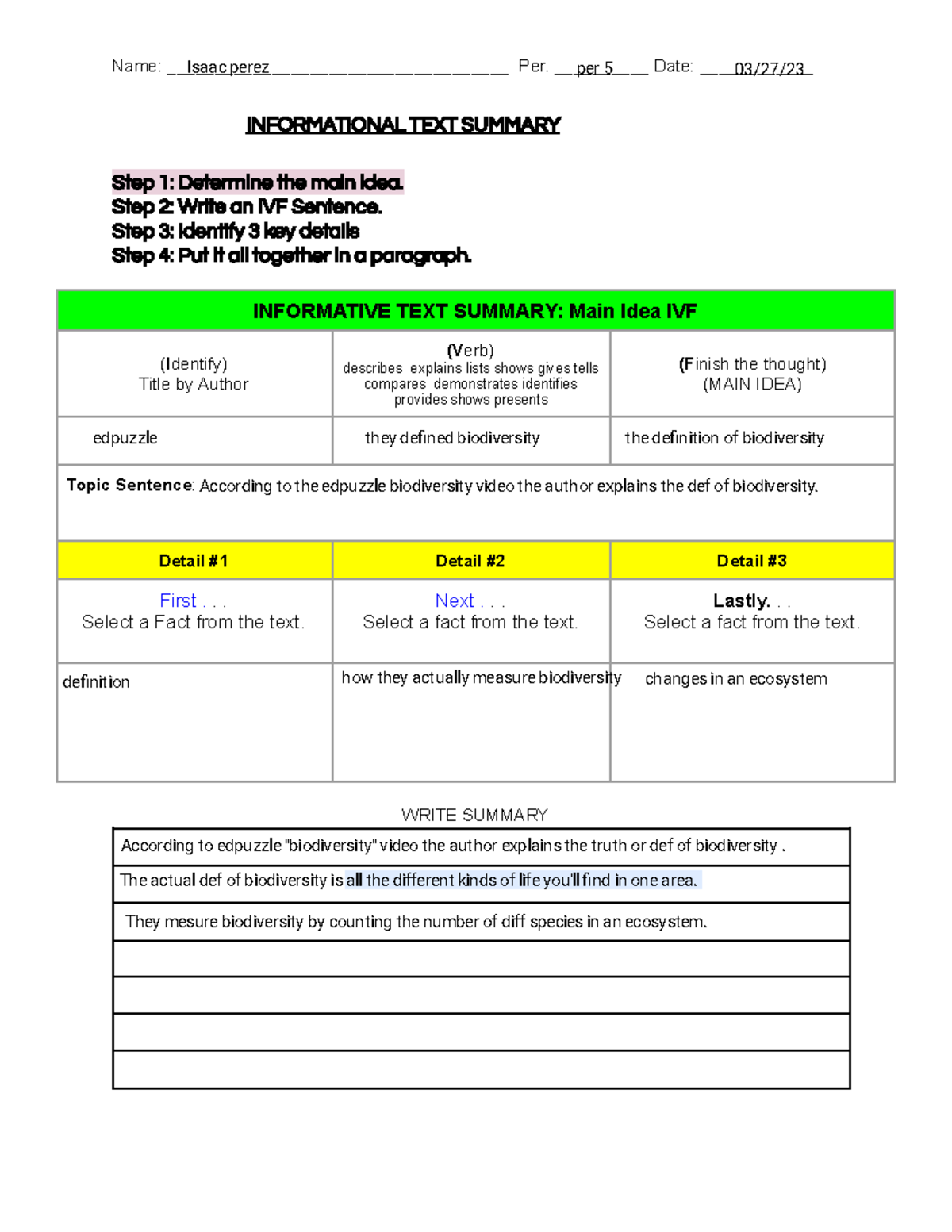 IVF Summary Guide - Isaac Perez - Informational Text Steps - Studocu
