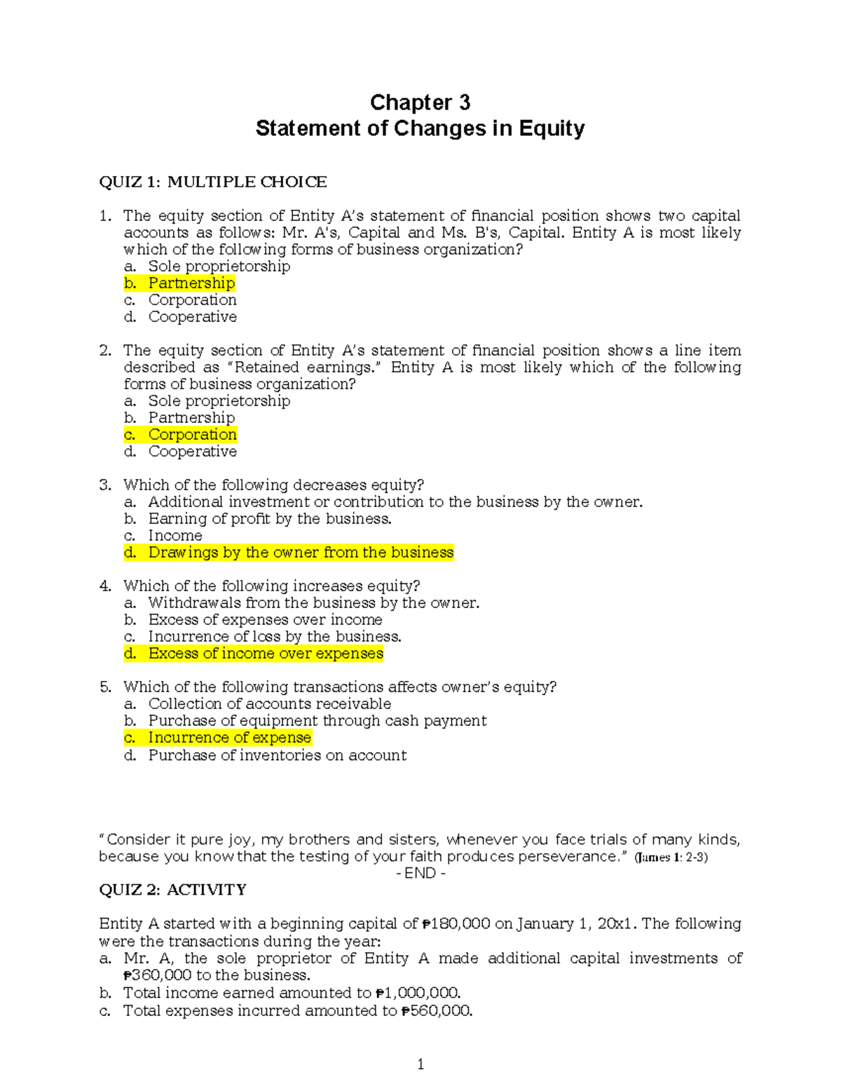 Chapter 3 Changes in Equity Quiz: Multiple Choice & Activities - Studocu