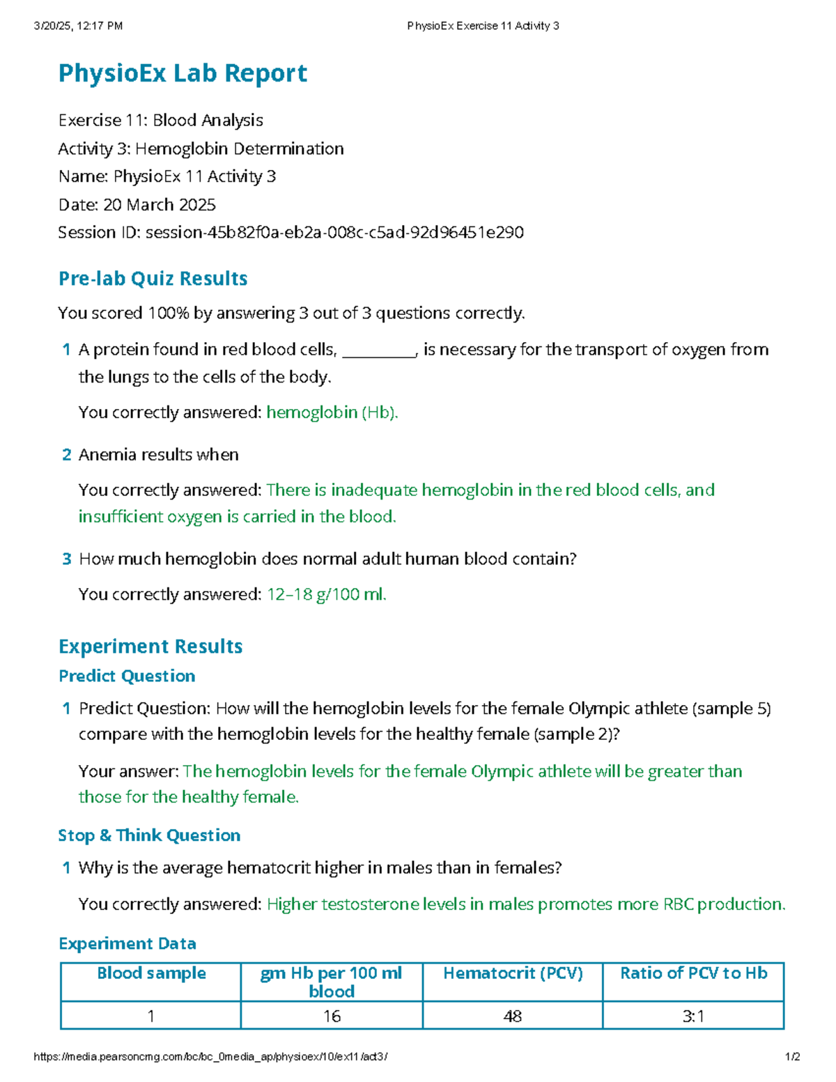 PhysioEx 11: Blood Analysis and Hemoglobin Determination Lab Report ...