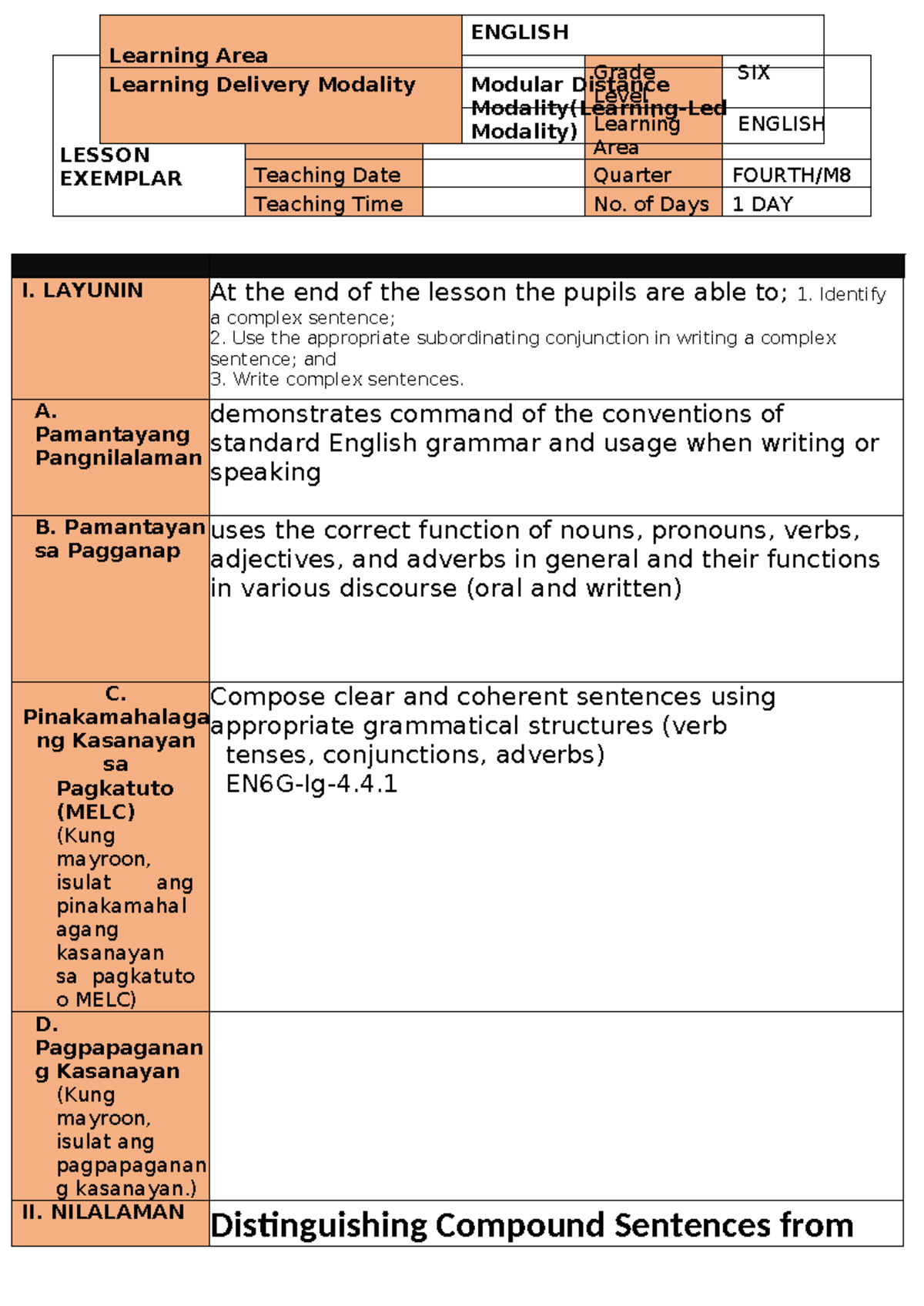 DLP ENGLISH 6 M8 Q4: Lesson Exemplar on Complex Sentences - Studocu