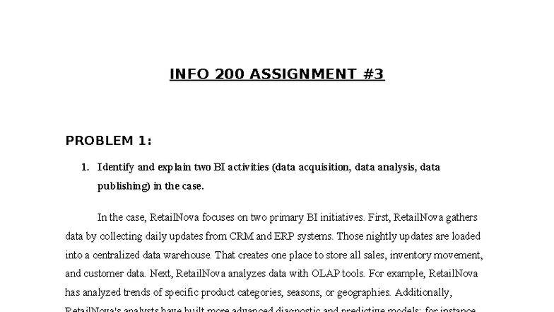 INFO 200 ASSIGNMENT 3: BI Activities & Analytics in RetailNova - Studocu