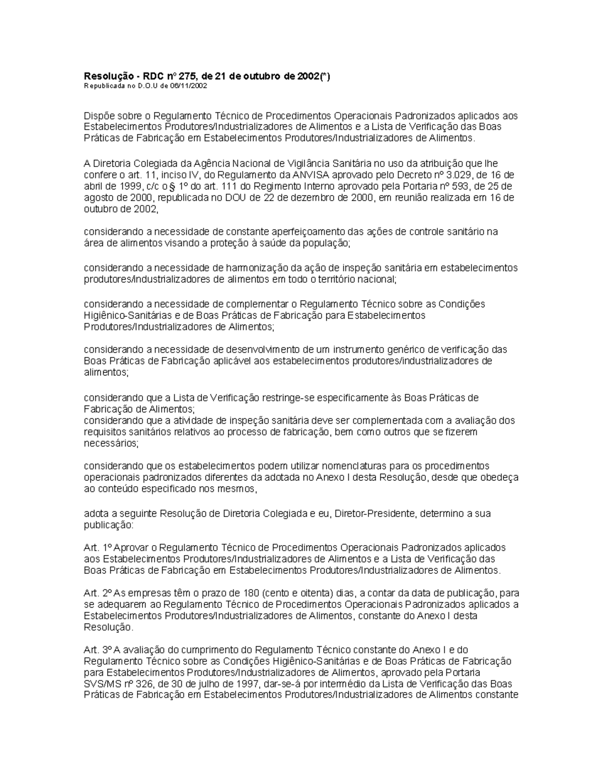 RDC 275-2002: Regulamento de Procedimentos e Lista BPF para Alimentos ...