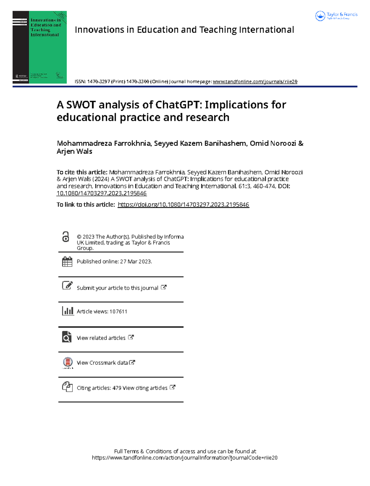 A SWOT Analysis of ChatGPT: Implications for Education (2024) - Studocu